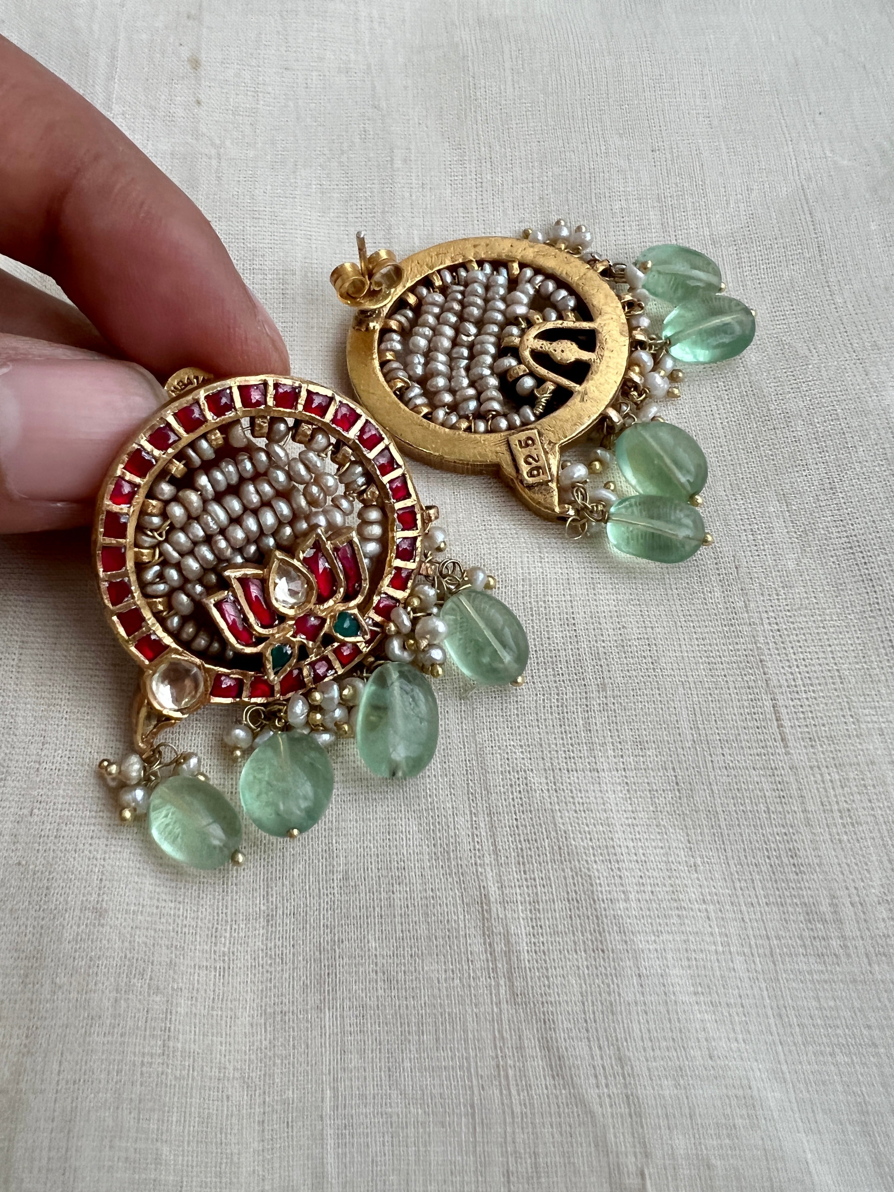 Gold Polish Kundan & Lotus Earrings With Ruby & Pearls (Made to Order)-Earrings-CI-House of Taamara