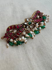 Gold Polish Kundan, Ruby & Emerald Hair Clip With Pearls & Emerald Beads (MADE TO ORDER)-Silver Neckpiece-CI-House of Taamara
