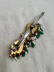 Gold Polish Kundan, Ruby & Emerald Hair Clip With Pearls & Emerald Beads (MADE TO ORDER)-Silver Neckpiece-CI-House of Taamara