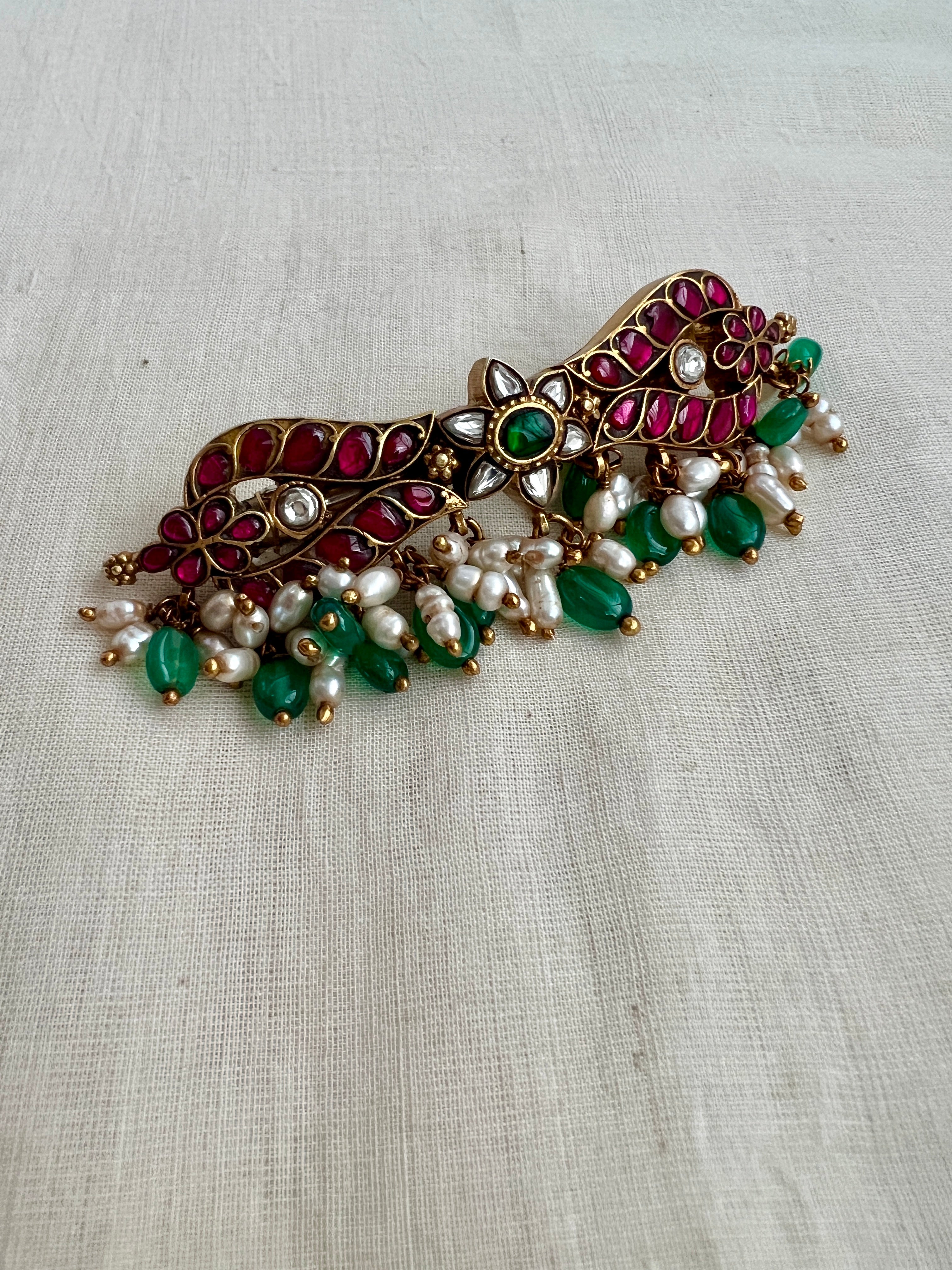 Gold Polish Kundan, Ruby & Emerald Hair Clip With Pearls & Emerald Beads (MADE TO ORDER)-Silver Neckpiece-CI-House of Taamara