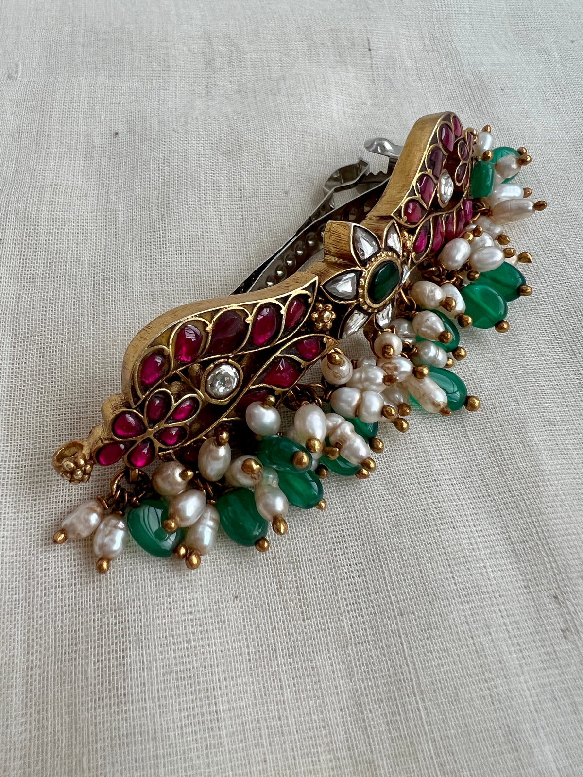 Gold Polish Kundan, Ruby & Emerald Hair Clip With Pearls & Emerald Beads (MADE TO ORDER)-Silver Neckpiece-CI-House of Taamara