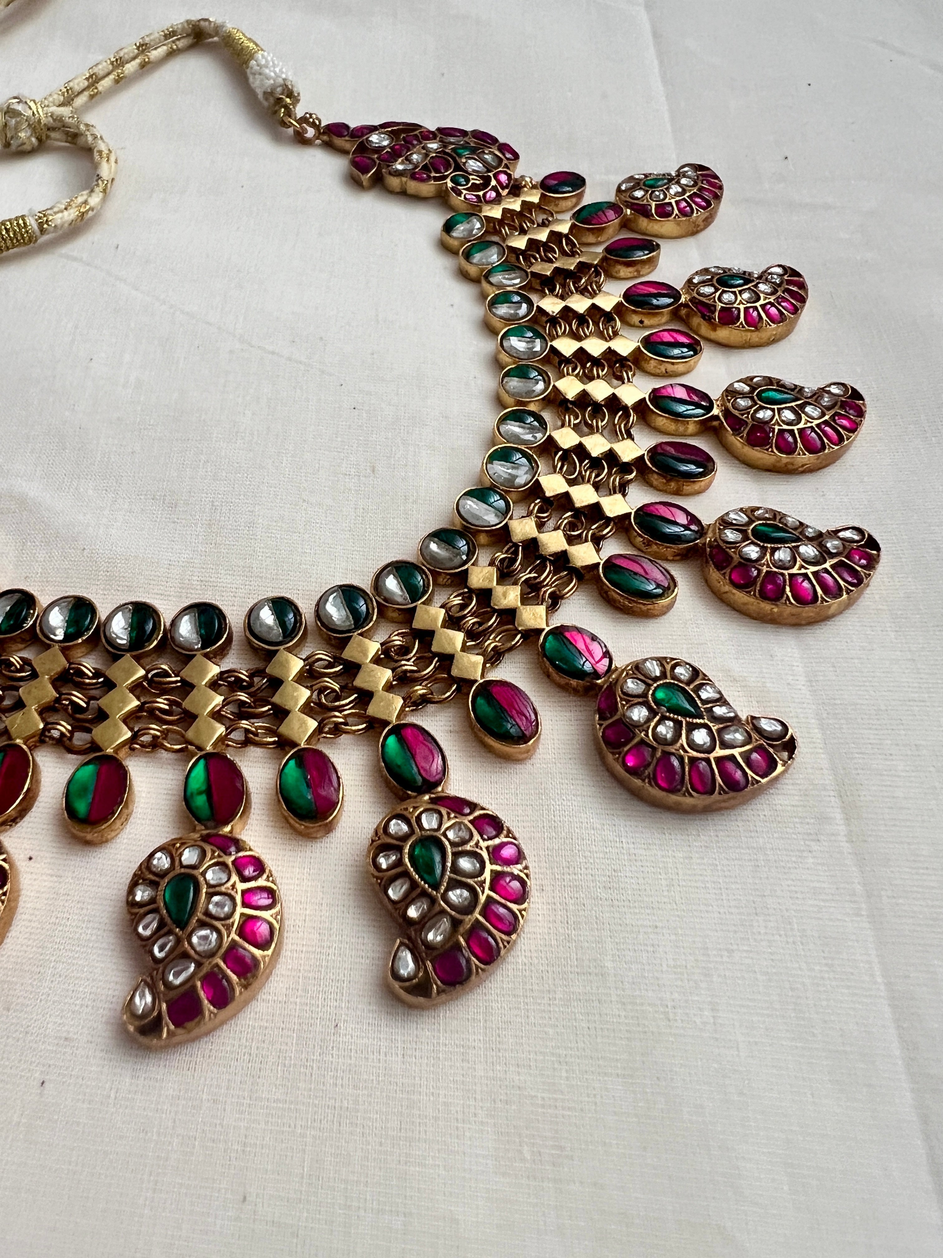 Gold Polish Kundan, Ruby & Emerald Paisley Necklace-Silver Neckpiece-CI-House of Taamara