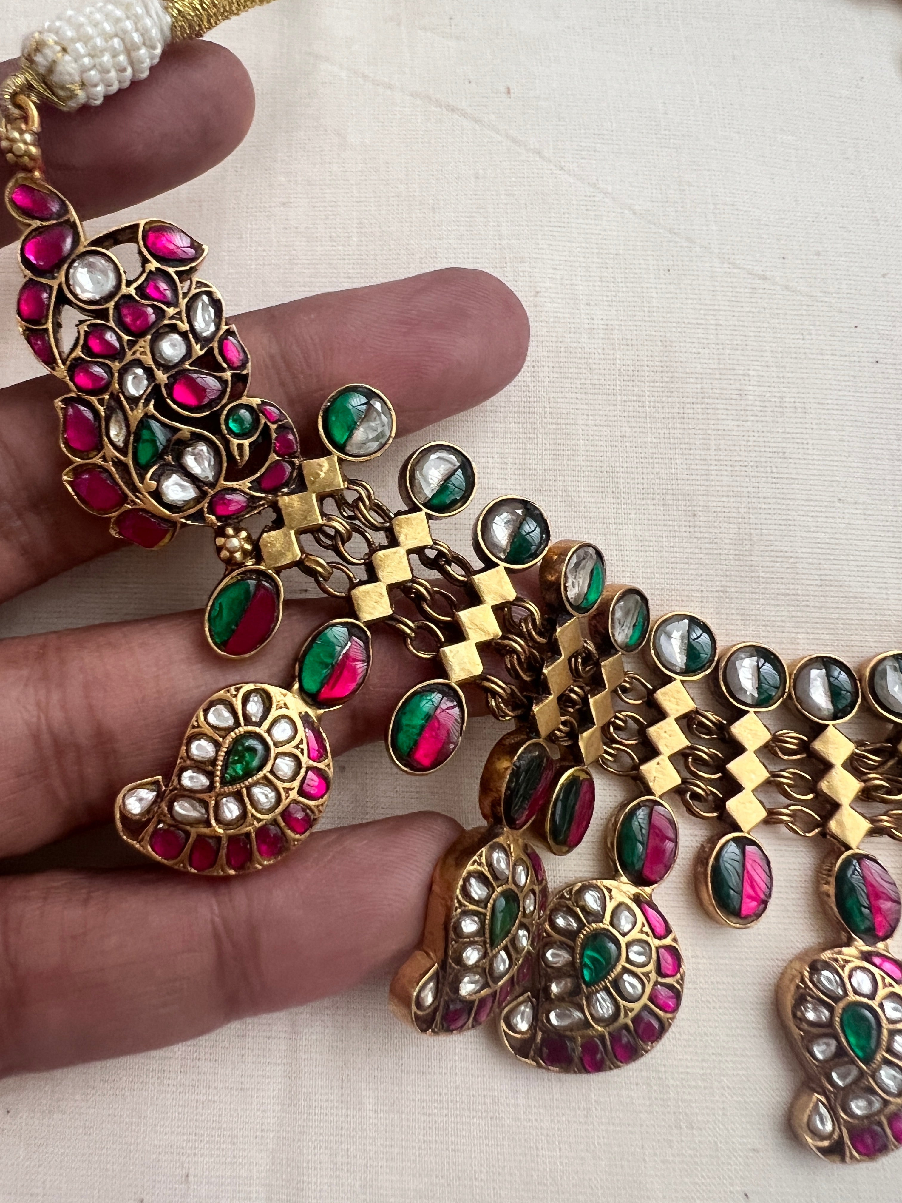 Gold Polish Kundan, Ruby & Emerald Paisley Necklace-Silver Neckpiece-CI-House of Taamara