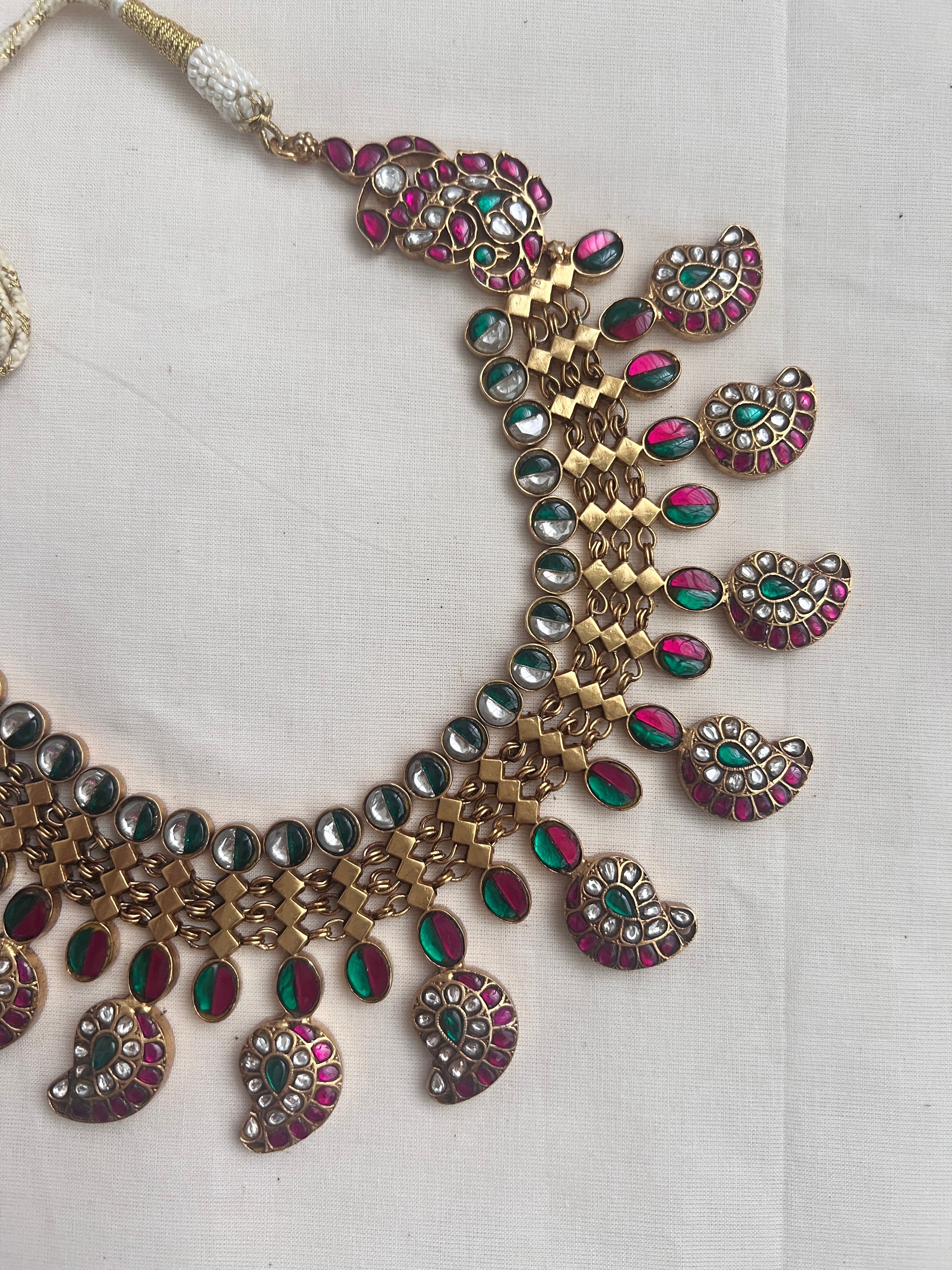 Gold Polish Kundan, Ruby & Emerald Paisley Necklace-Silver Neckpiece-CI-House of Taamara