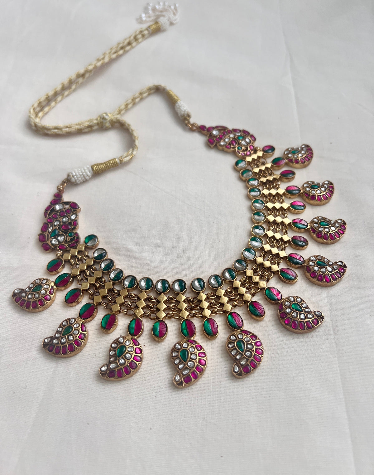 Gold Polish Kundan, Ruby & Emerald Paisley Necklace-Silver Neckpiece-CI-House of Taamara