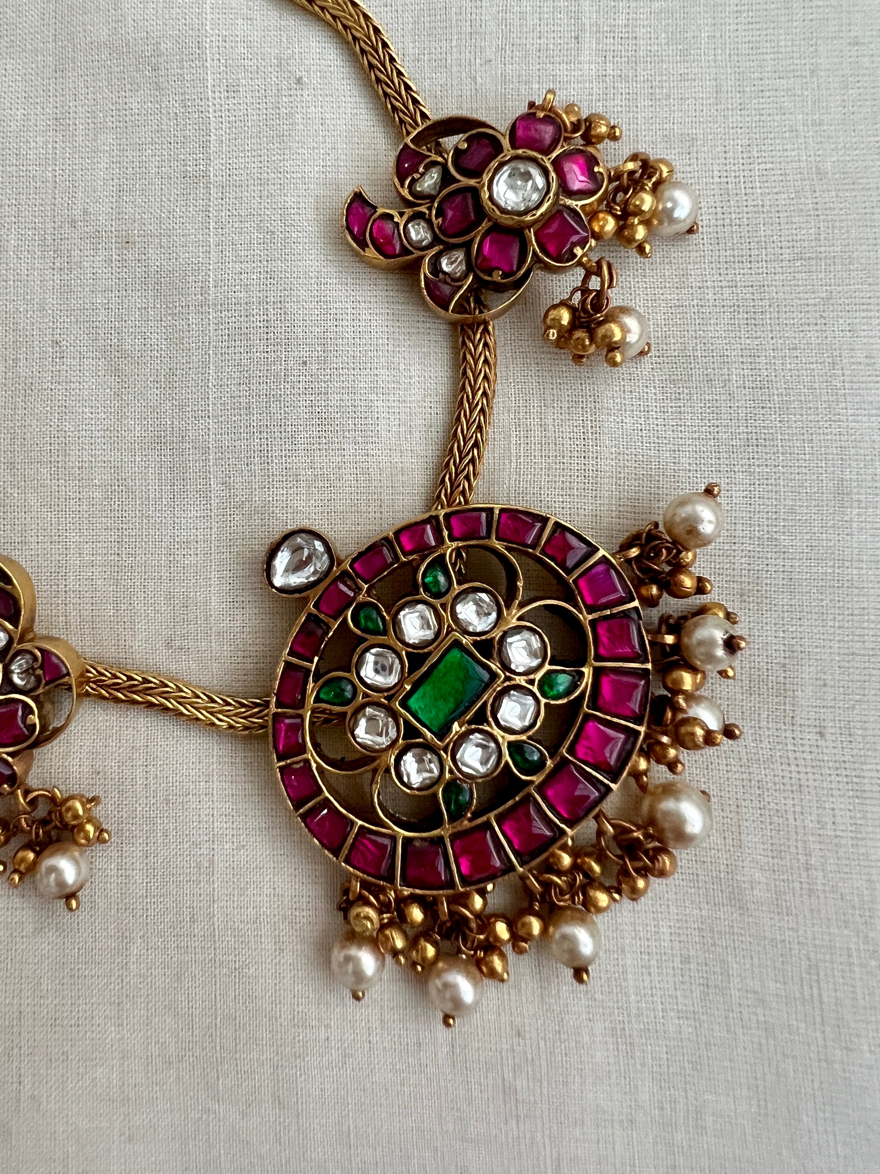 Gold Polish Kundan, Ruby & Emerald Peacock Choker With Pearls (MADE TO ORDER)-Silver Neckpiece-CI-House of Taamara