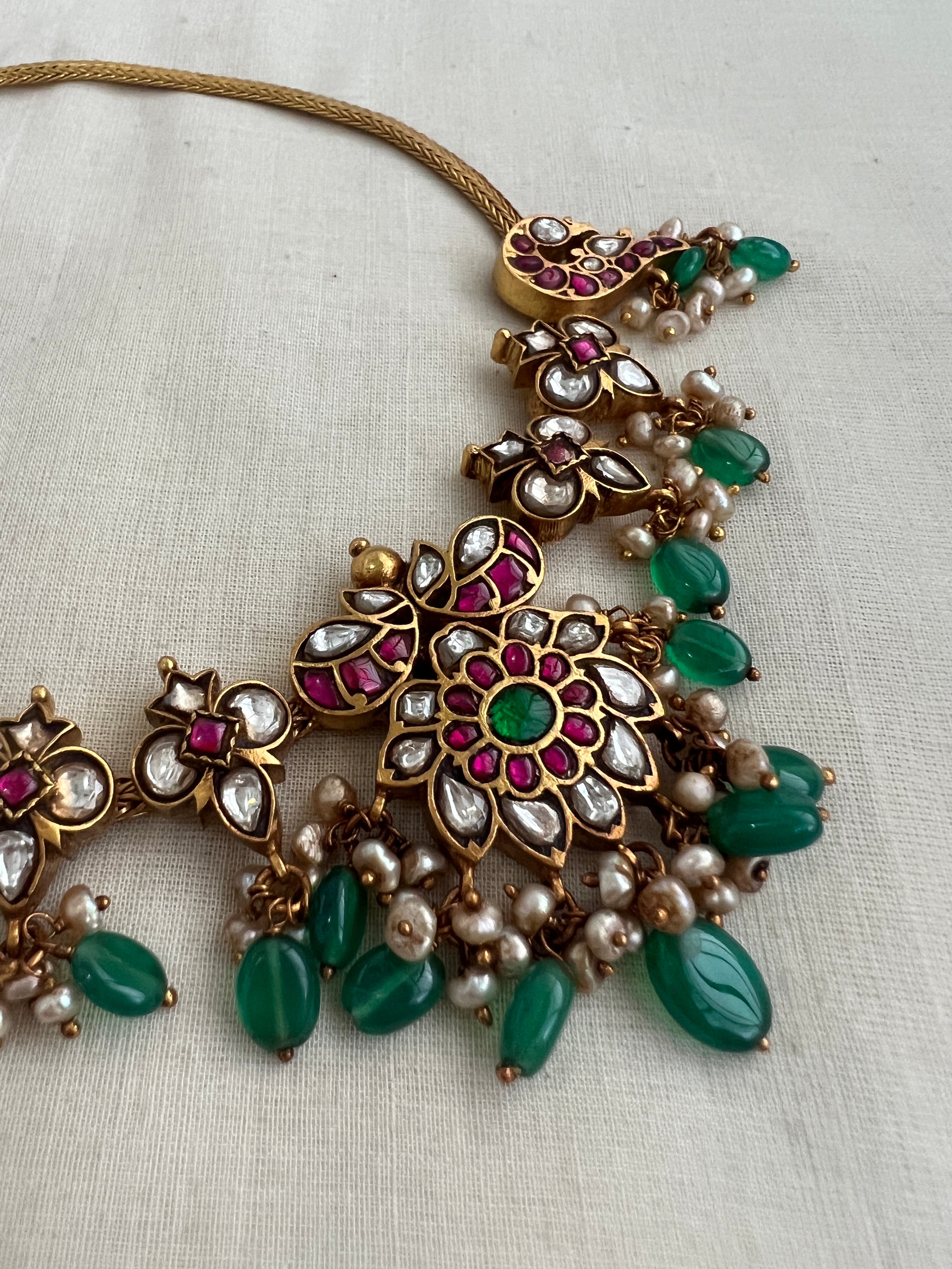 Gold Polish Kundan, Ruby & Emerald Peacock Choker With Pearls (MADE TO ORDER)-Silver Neckpiece-CI-House of Taamara