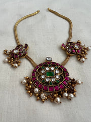 Gold Polish Kundan, Ruby & Emerald Peacock Choker With Pearls (MADE TO ORDER)-Silver Neckpiece-CI-House of Taamara