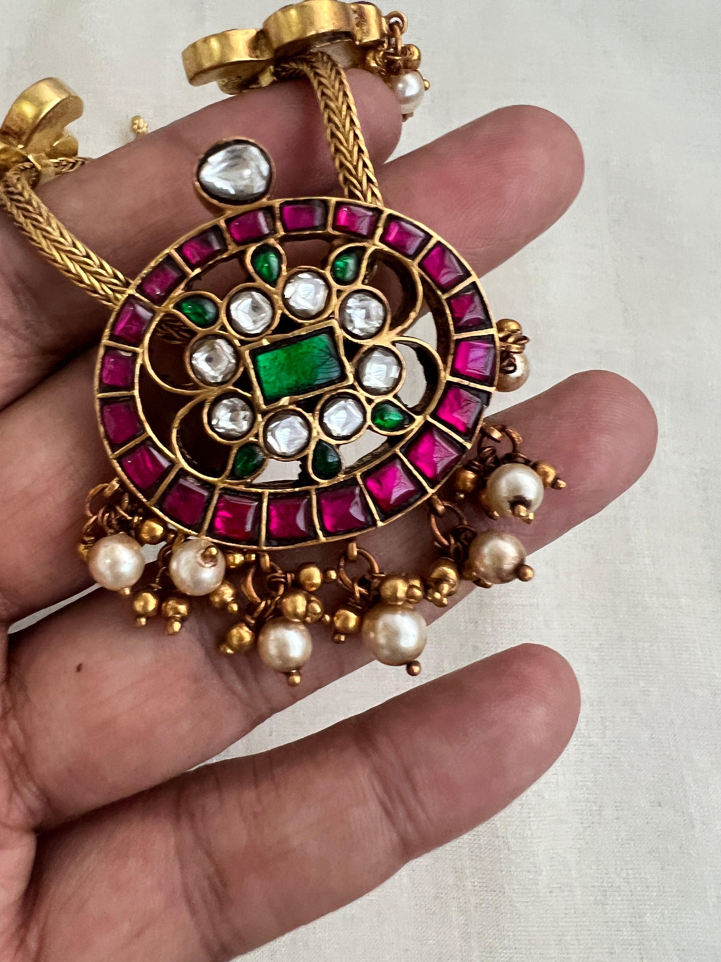 Gold Polish Kundan, Ruby & Emerald Peacock Choker With Pearls (MADE TO ORDER)-Silver Neckpiece-CI-House of Taamara