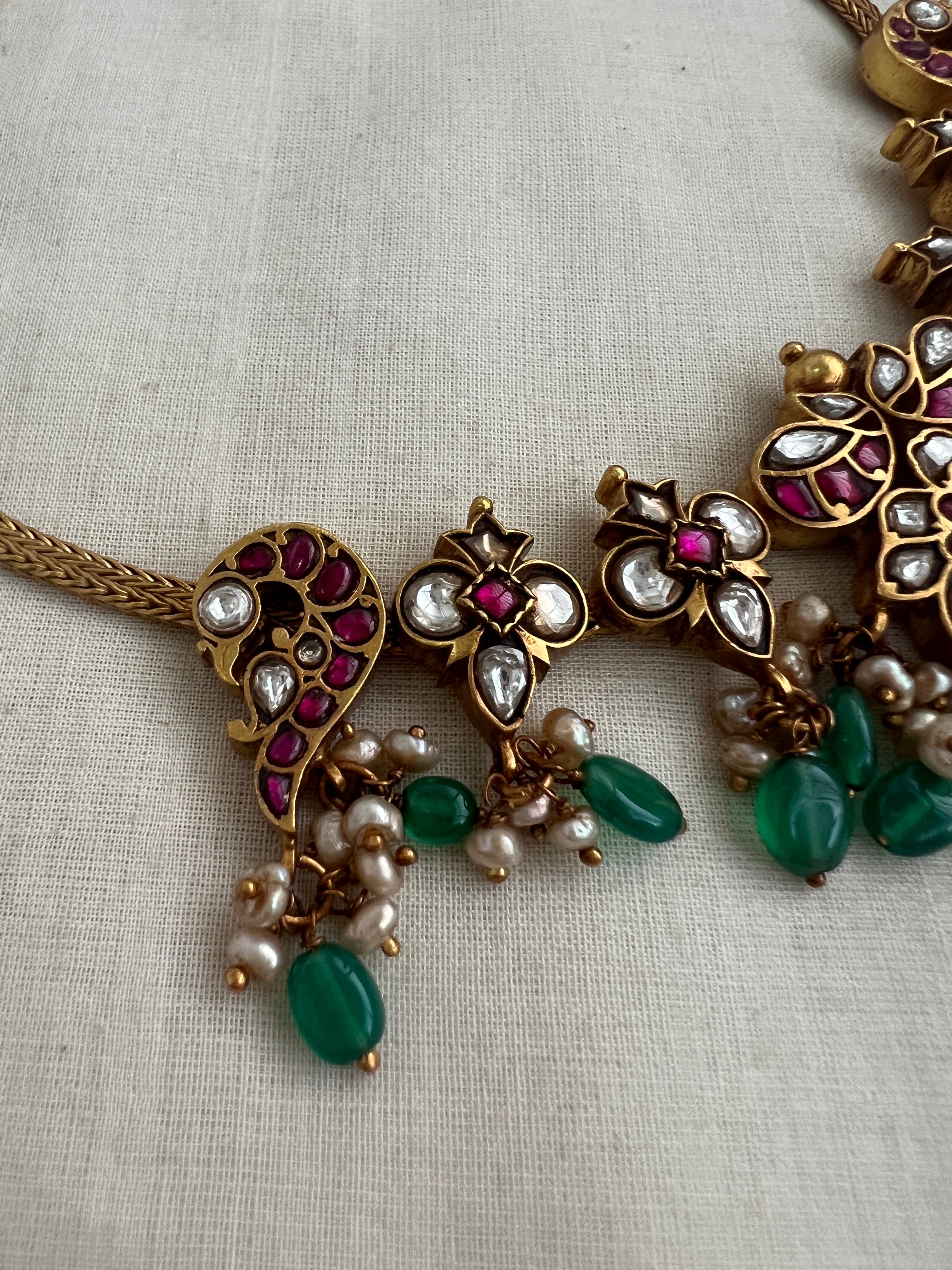 Gold Polish Kundan, Ruby & Emerald Peacock Choker With Pearls (MADE TO ORDER)-Silver Neckpiece-CI-House of Taamara