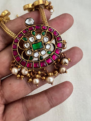 Gold Polish Kundan, Ruby & Emerald Peacock Choker With Pearls (MADE TO ORDER)-Silver Neckpiece-CI-House of Taamara