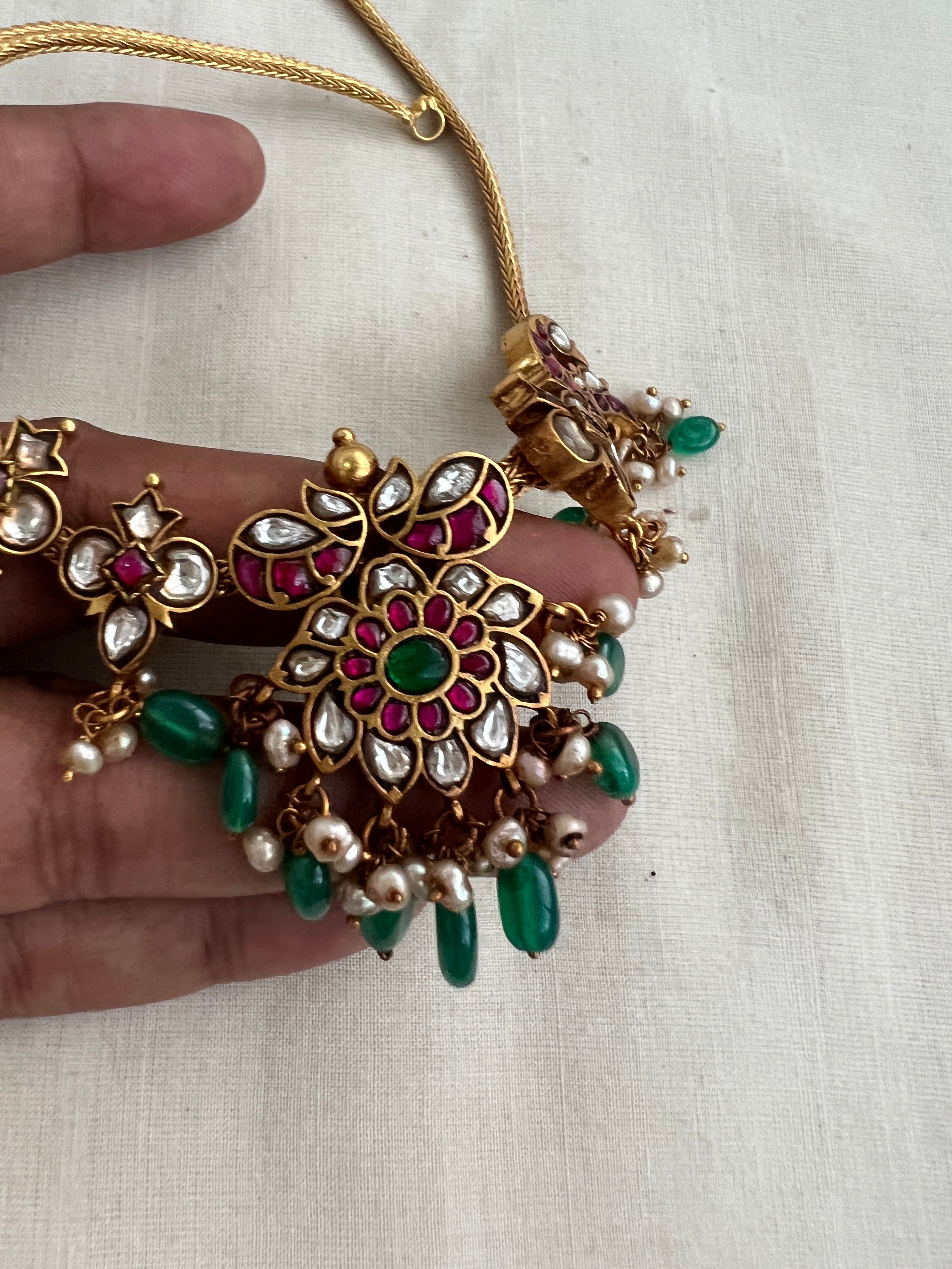 Gold Polish Kundan, Ruby & Emerald Peacock Choker With Pearls (MADE TO ORDER)-Silver Neckpiece-CI-House of Taamara