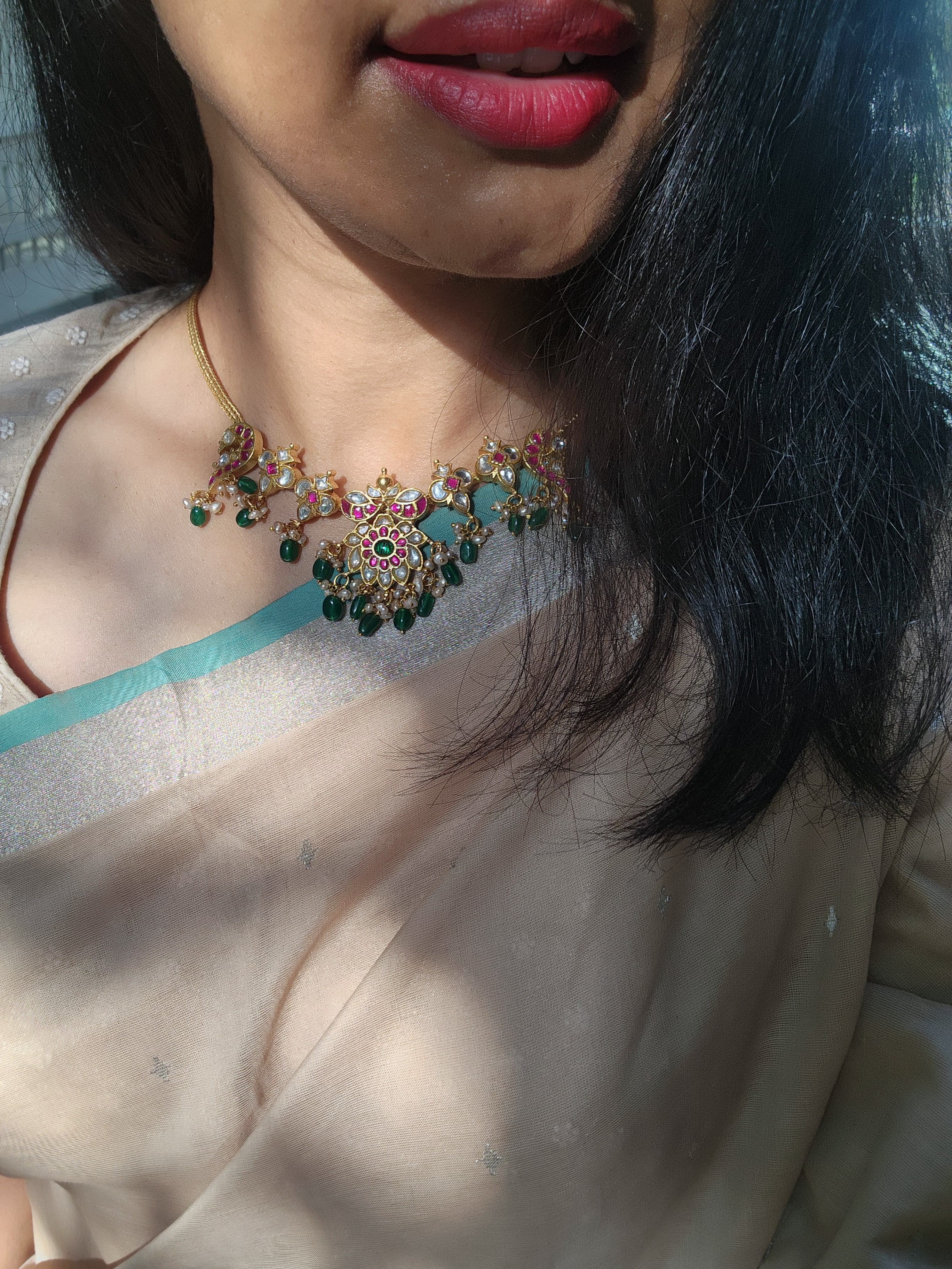 Gold Polish Kundan, Ruby & Emerald Peacock Choker With Pearls (MADE TO ORDER)-Silver Neckpiece-CI-House of Taamara