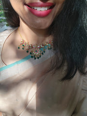 Gold Polish Kundan, Ruby & Emerald Peacock Choker With Pearls (MADE TO ORDER)-Silver Neckpiece-CI-House of Taamara