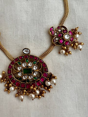 Gold Polish Kundan, Ruby & Emerald Peacock Choker With Pearls (MADE TO ORDER)-Silver Neckpiece-CI-House of Taamara