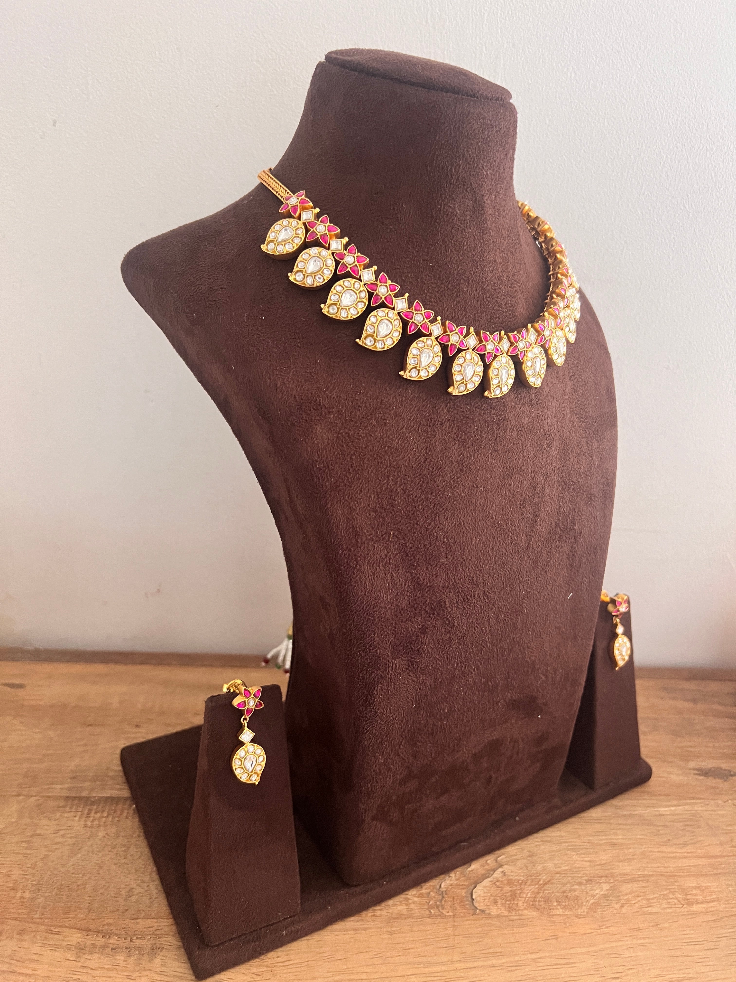 Gold Polish Kundan & Ruby Paisley Necklace & Earrings, SET (Made To Order)-Silver Neckpiece-CI-House of Taamara