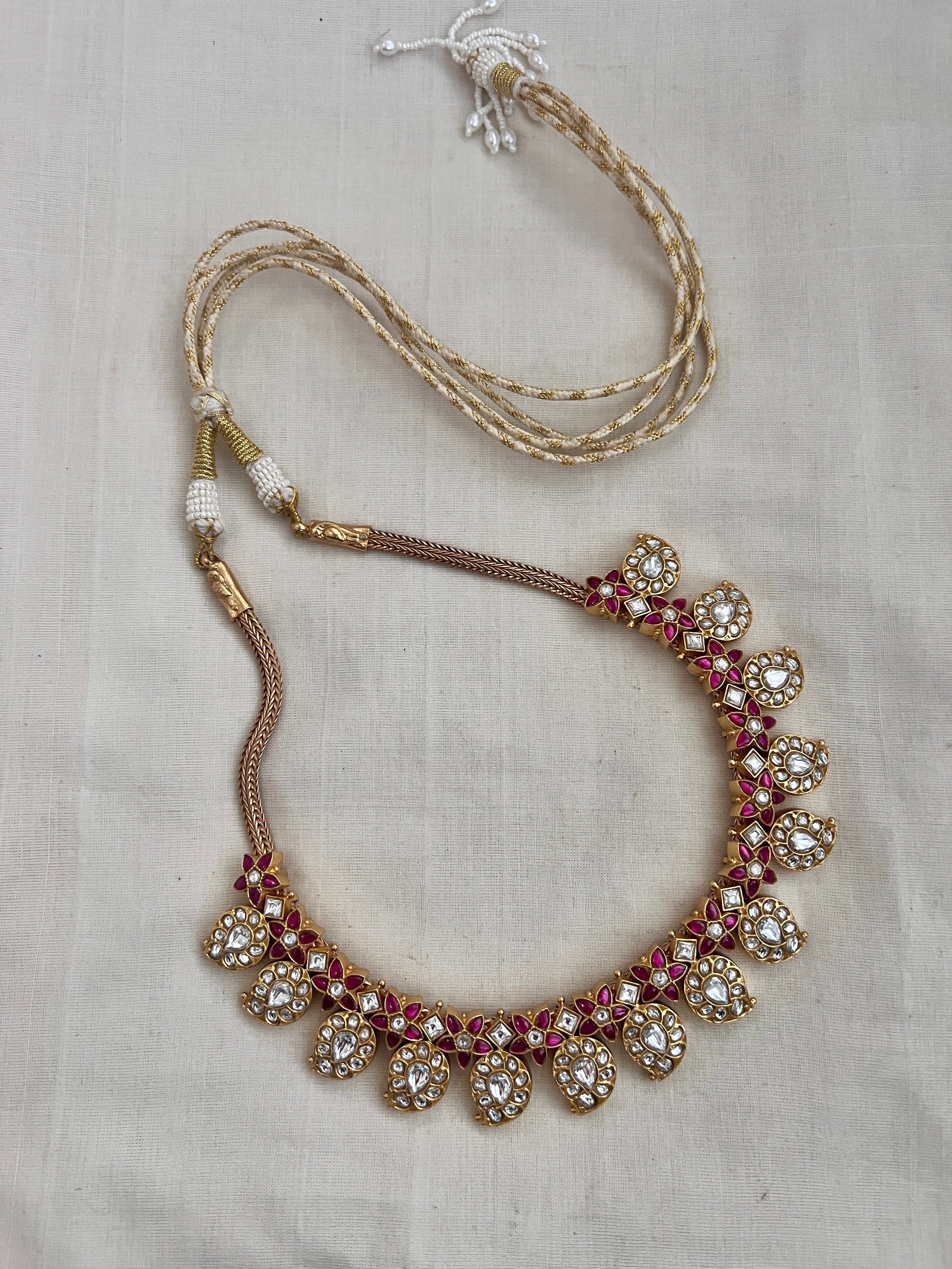 Gold Polish Kundan & Ruby Paisley Necklace & Earrings, SET (Made To Order)-Silver Neckpiece-CI-House of Taamara