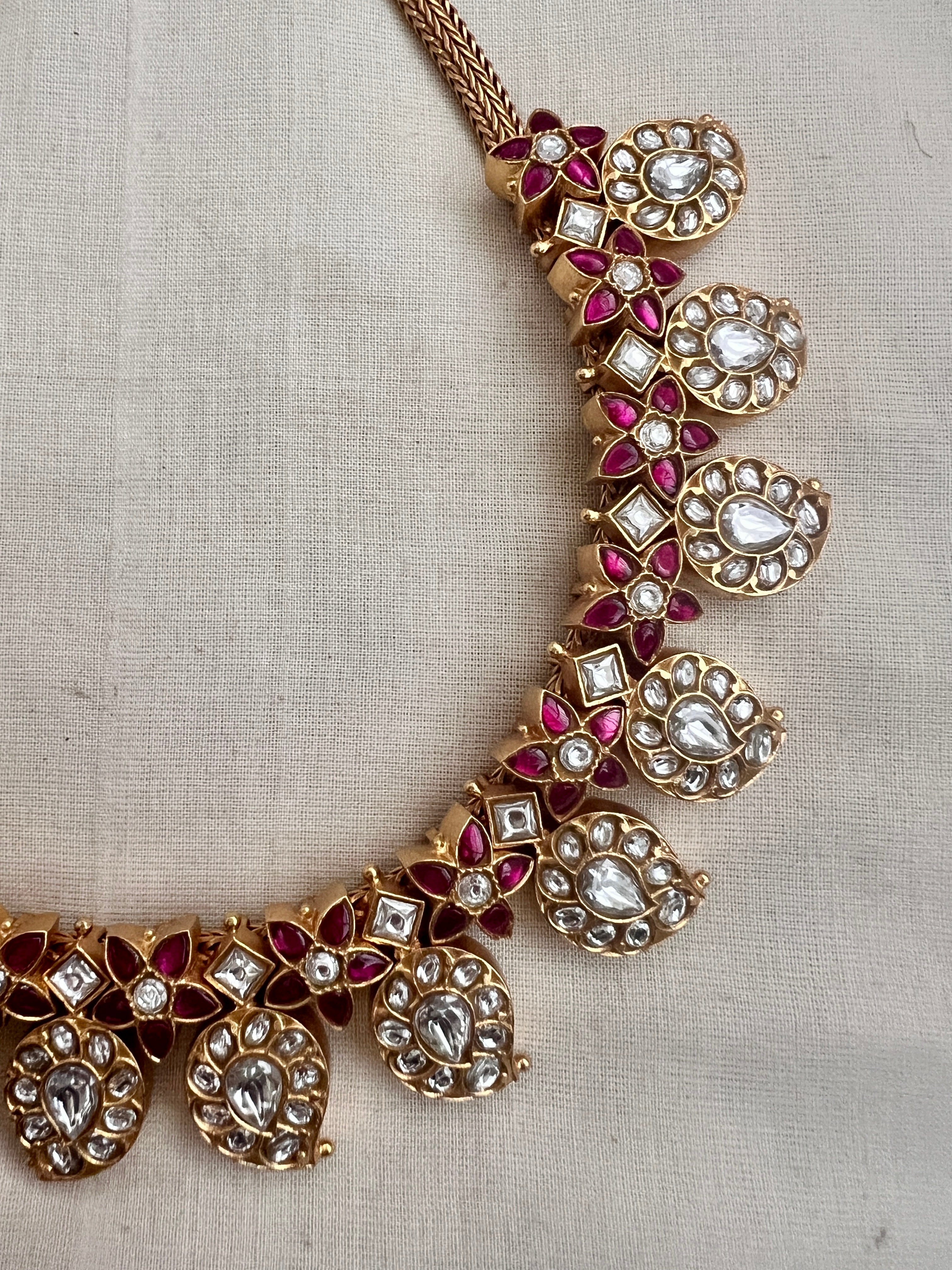 Gold Polish Kundan & Ruby Paisley Necklace & Earrings, SET (Made To Order)-Silver Neckpiece-CI-House of Taamara