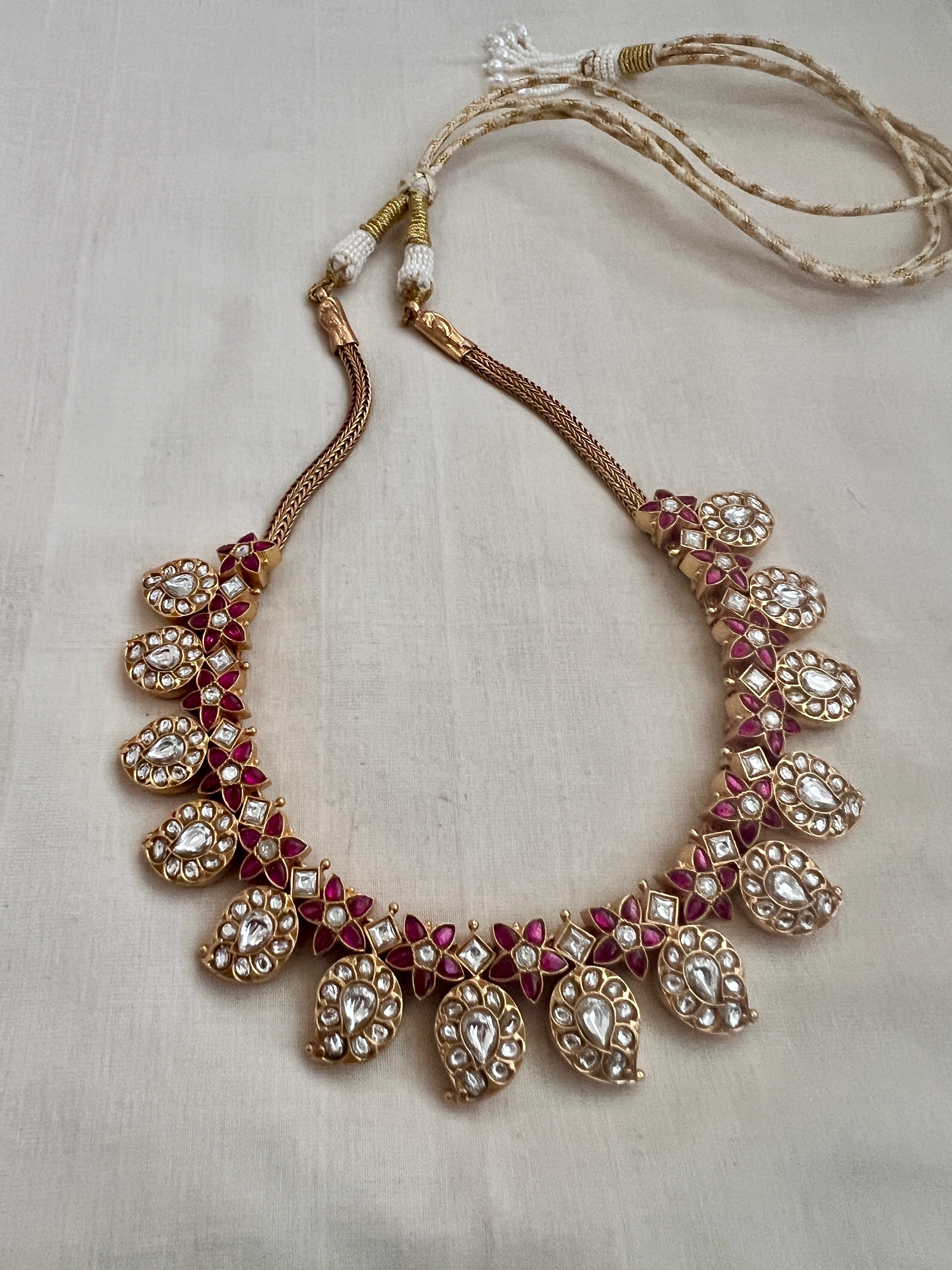 Gold Polish Kundan & Ruby Paisley Necklace & Earrings, SET (Made To Order)-Silver Neckpiece-CI-House of Taamara