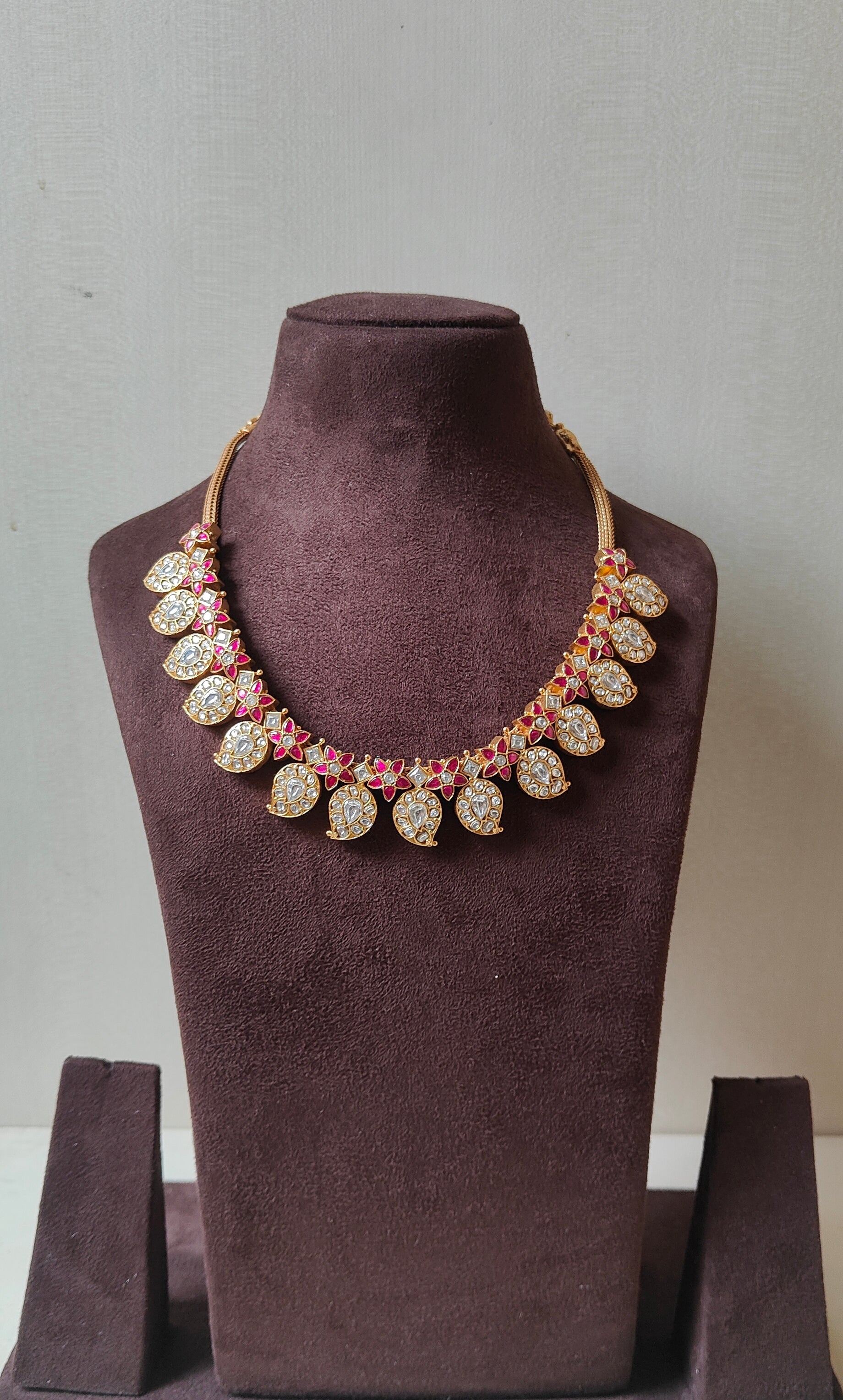 Gold Polish Kundan & Ruby Paisley Necklace & Earrings, SET (Made To Order)-Silver Neckpiece-CI-House of Taamara