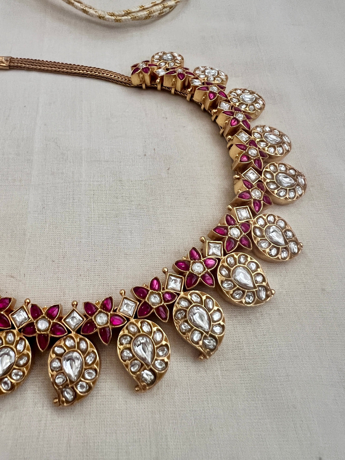 Gold Polish Kundan & Ruby Paisley Necklace & Earrings, SET (Made To Order)-Silver Neckpiece-CI-House of Taamara