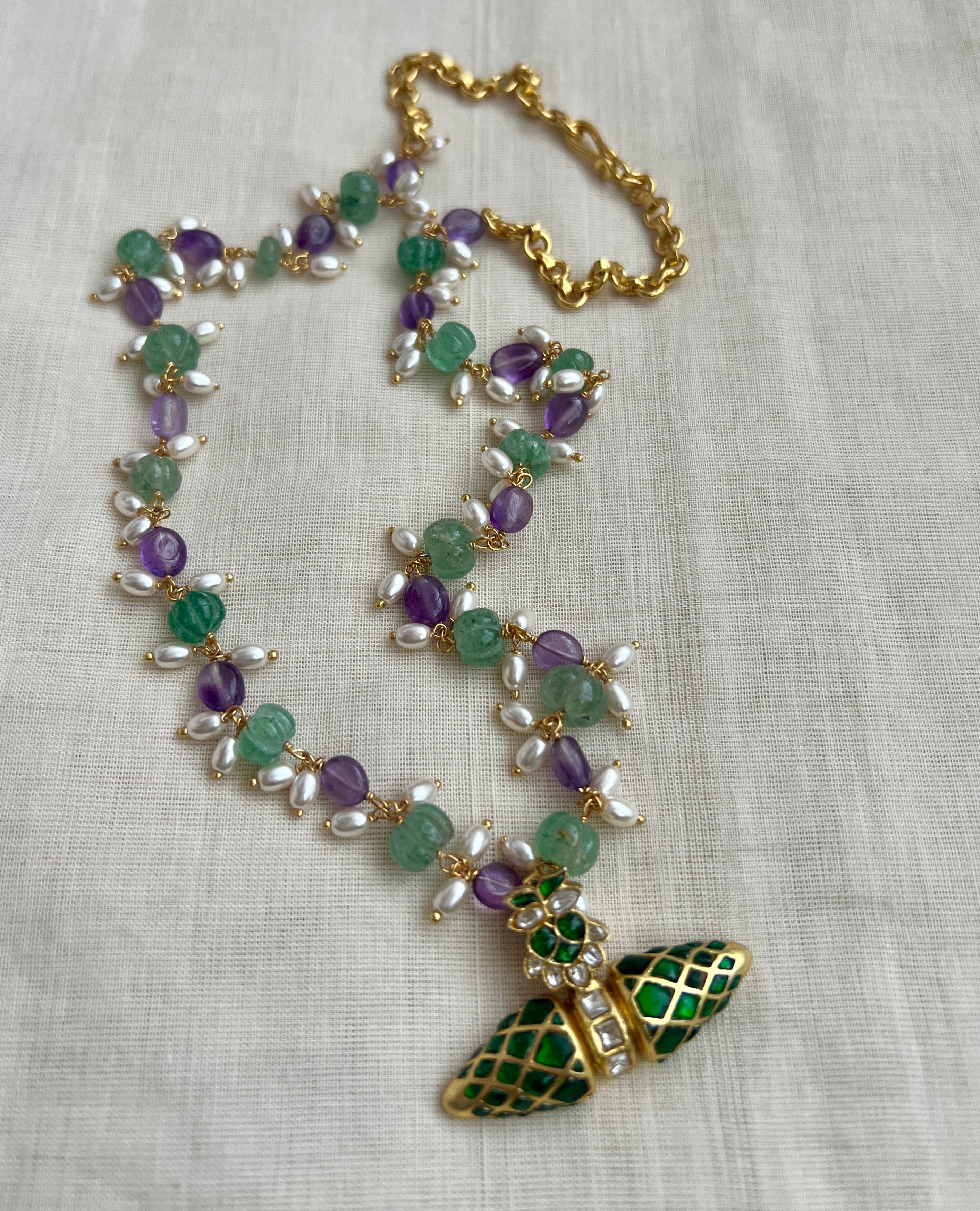 Gold Polish Pearls, Amethyst & Jade Beads Chain With Kundan & Emerald Pendant (MADE TO ORDER)-Silver Neckpiece-CI-House of Taamara