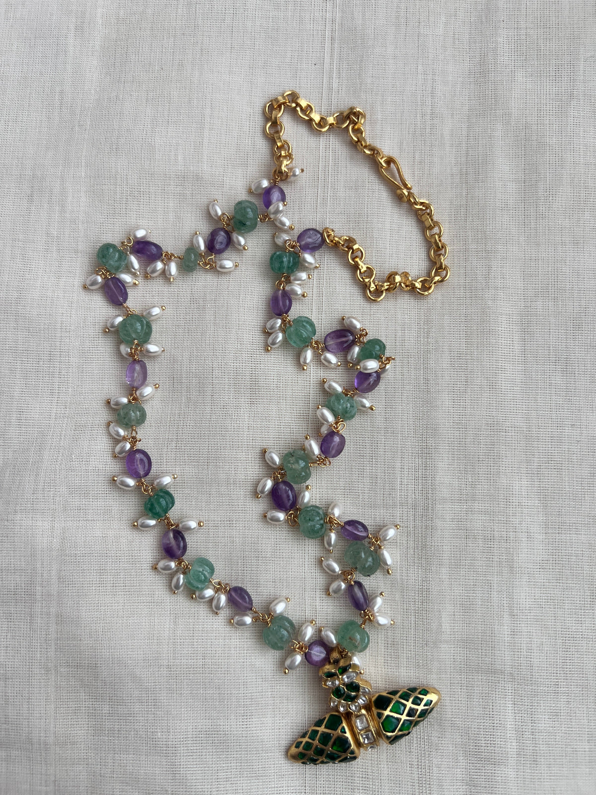 Gold Polish Pearls, Amethyst & Jade Beads Chain With Kundan & Emerald Pendant (MADE TO ORDER)-Silver Neckpiece-CI-House of Taamara