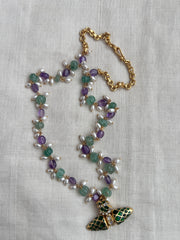 Gold Polish Pearls, Amethyst & Jade Beads Chain With Kundan & Emerald Pendant (MADE TO ORDER)-Silver Neckpiece-CI-House of Taamara