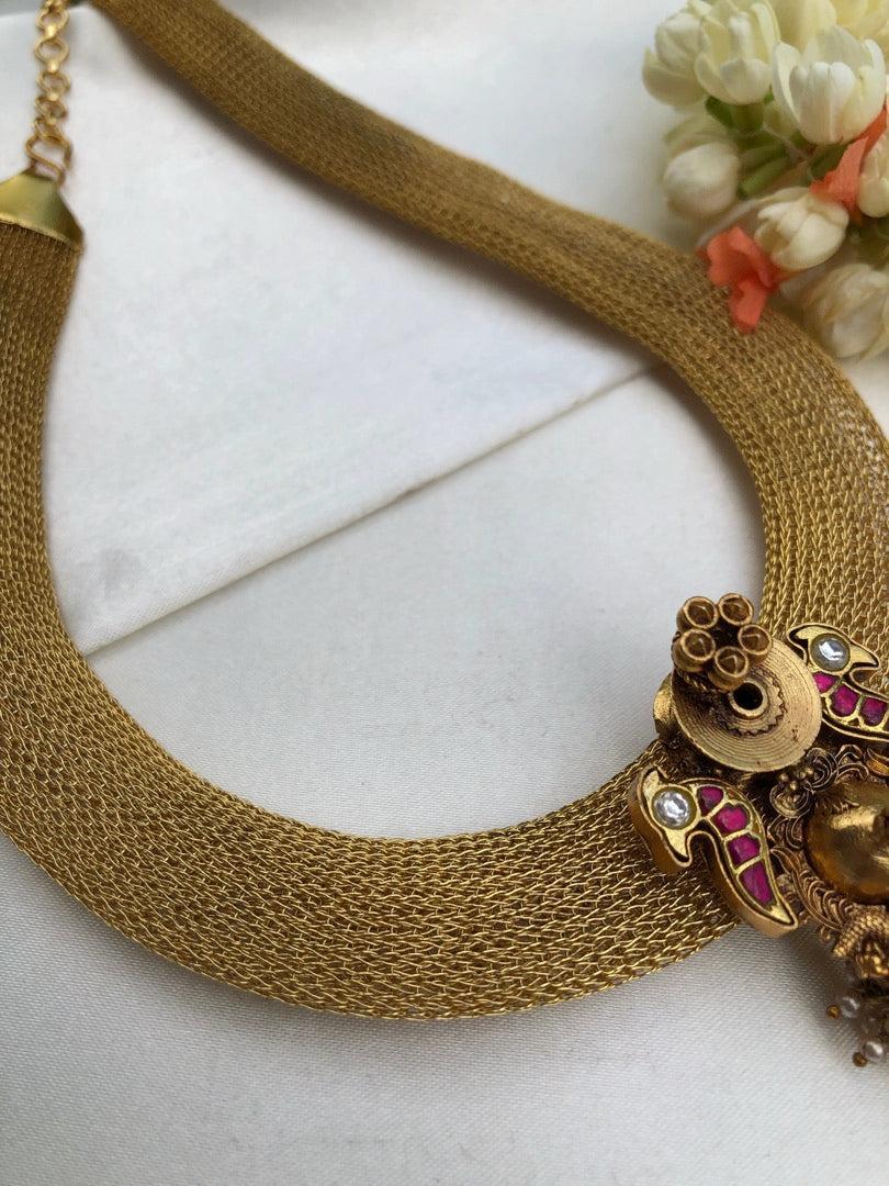 Gold mesh chain with vintage style pendant-Silver Neckpiece-pl-House of Taamara