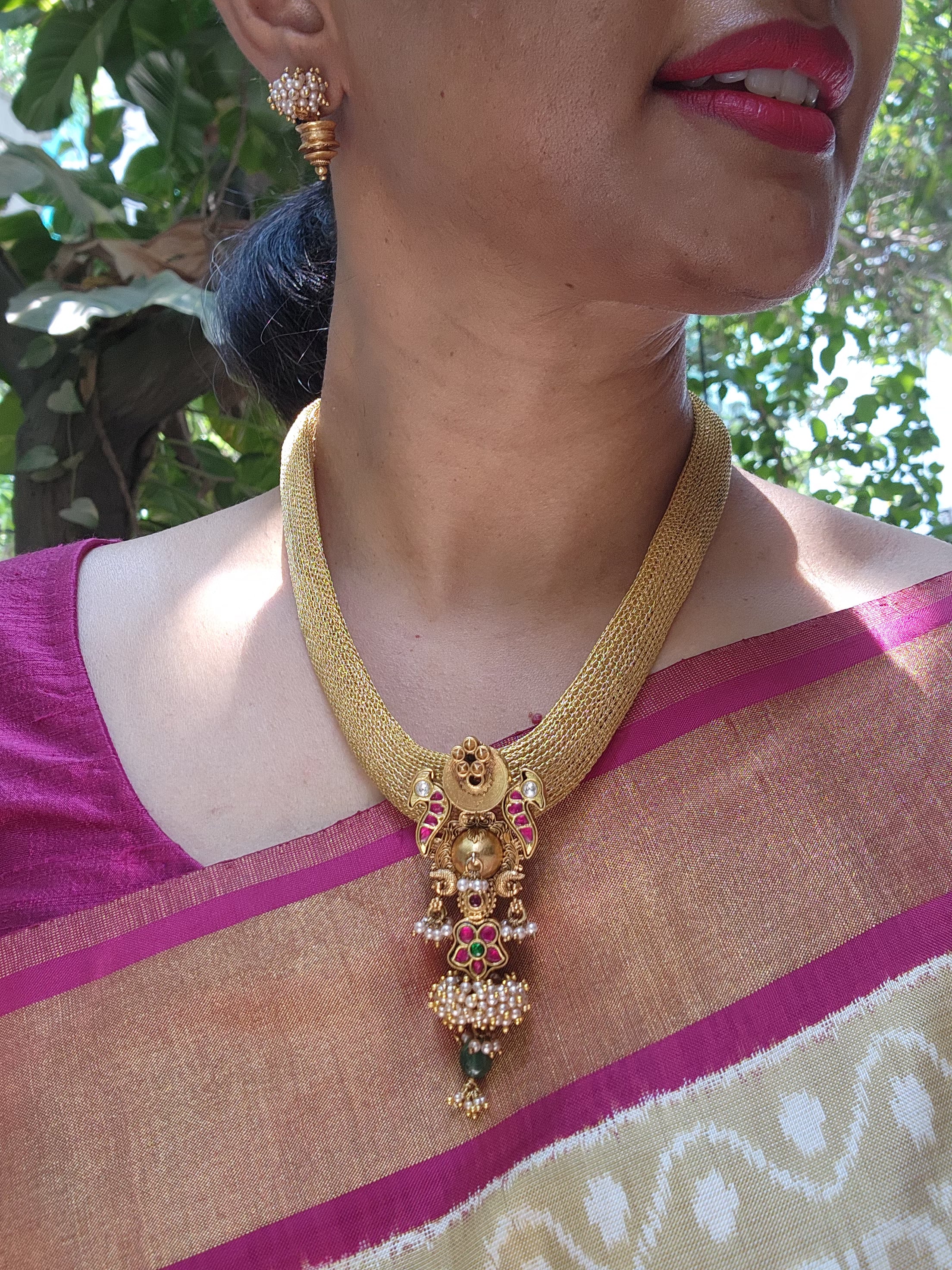 Gold mesh chain with vintage style pendant-Silver Neckpiece-pl-House of Taamara