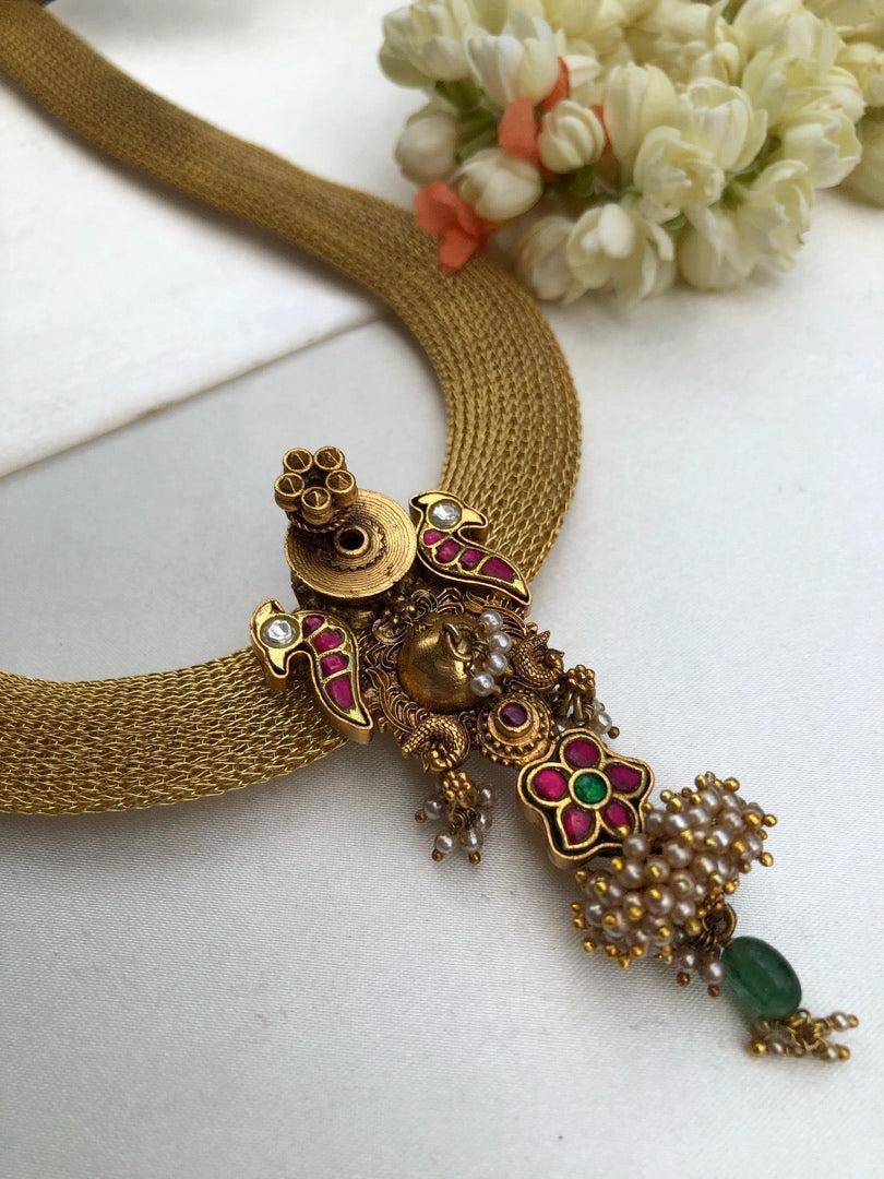 Gold mesh chain with vintage style pendant-Silver Neckpiece-pl-House of Taamara