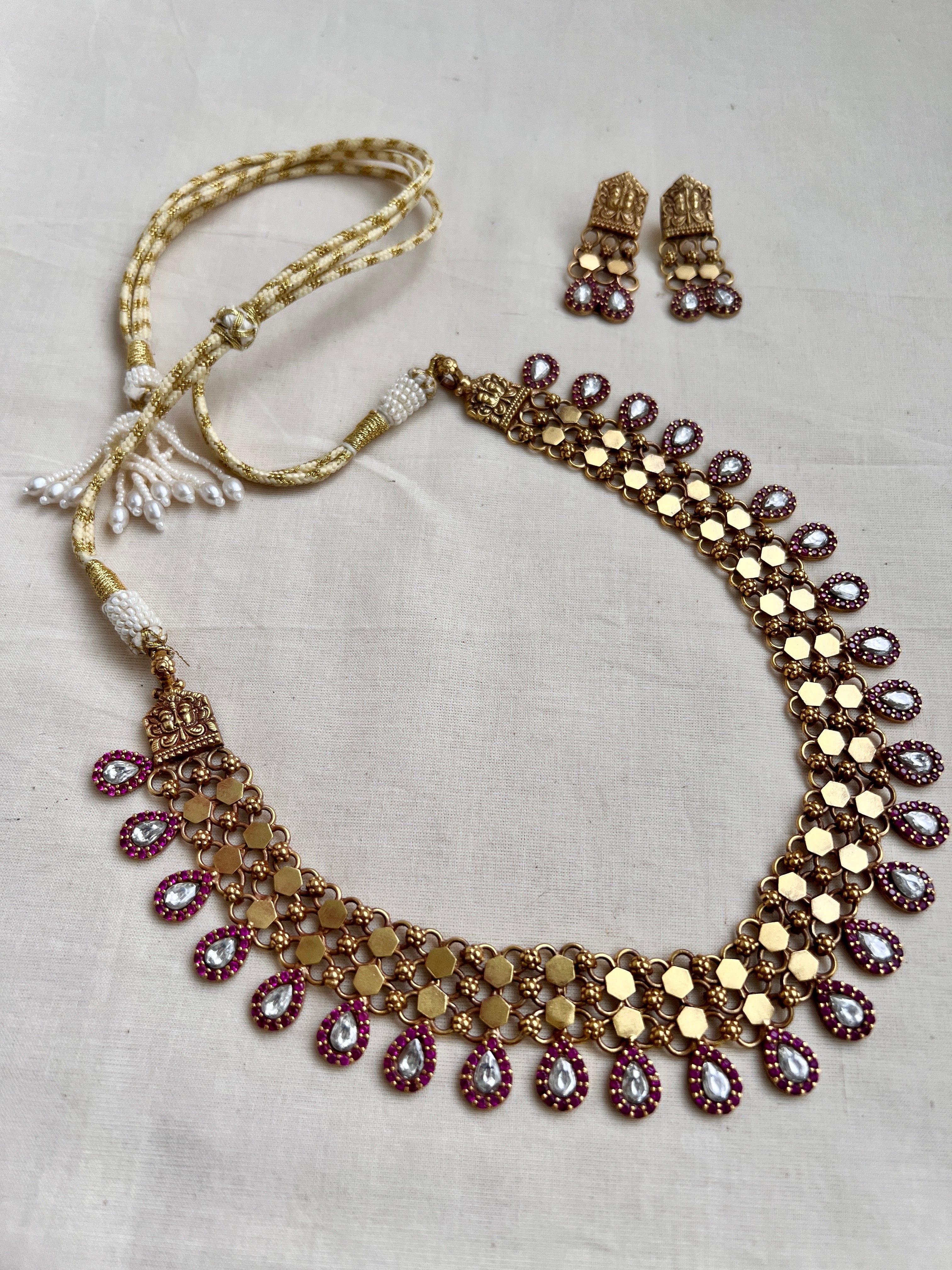 Gold polish CZ necklace with earrings, SET-Silver Neckpiece-CI-House of Taamara