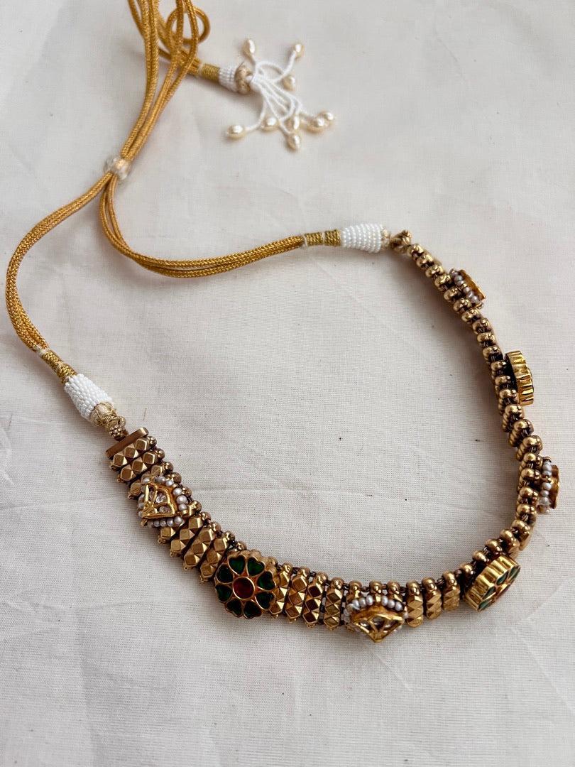 Gold polish Choker with kundan, ruby and emerald motifs-Silver Neckpiece-CI-House of Taamara
