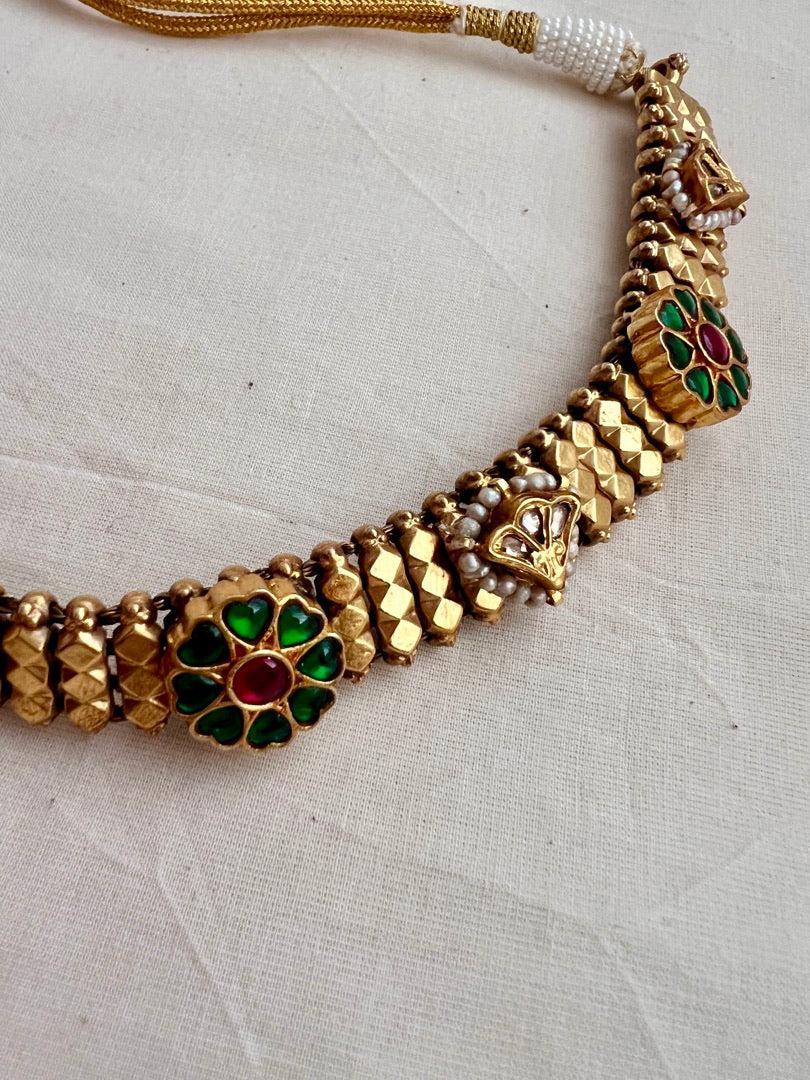 Gold polish Choker with kundan, ruby and emerald motifs-Silver Neckpiece-CI-House of Taamara
