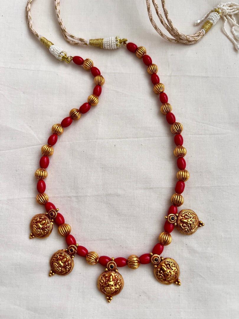 Gold polish Goddess Lakshmi with coral beads necklace-Silver Neckpiece-CI-House of Taamara