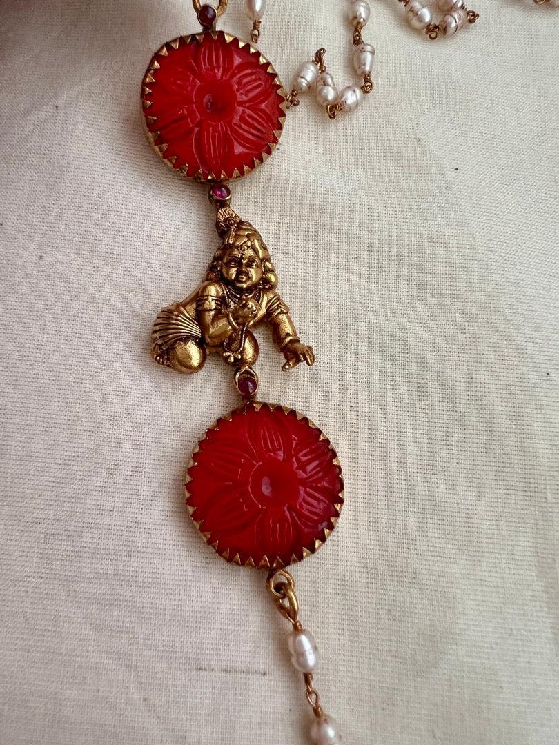 Gold polish Lord Krishna with carved corals side mope chain-Silver Neckpiece-CI-House of Taamara