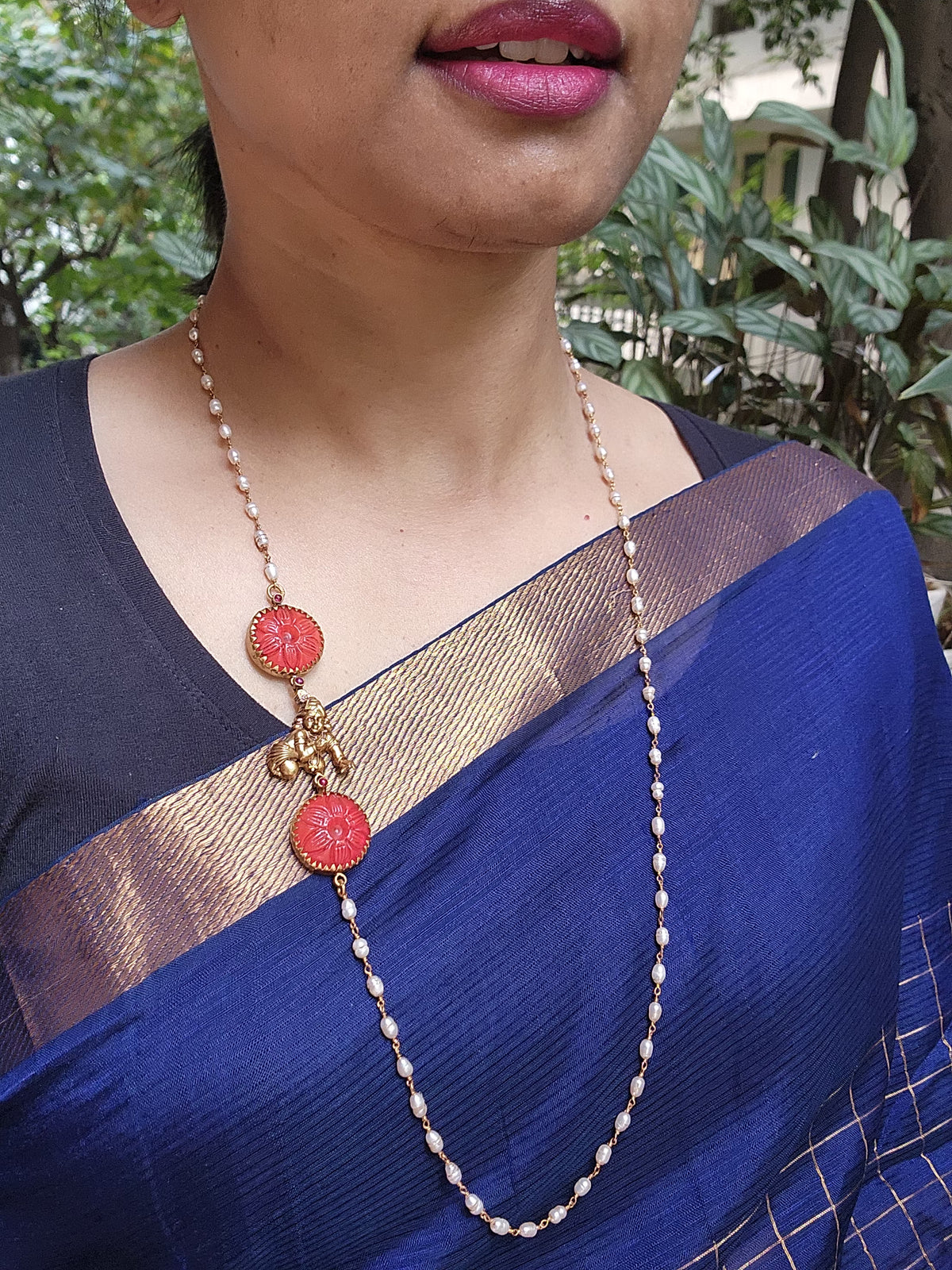 Gold polish Lord Krishna with carved corals side mope chain-Silver Neckpiece-CI-House of Taamara