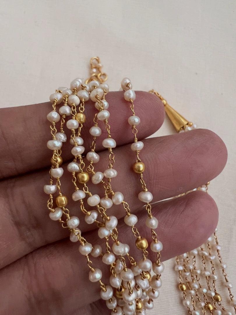 Gold polish Multi layer pearl bunch chain-Silver Neckpiece-CI-House of Taamara