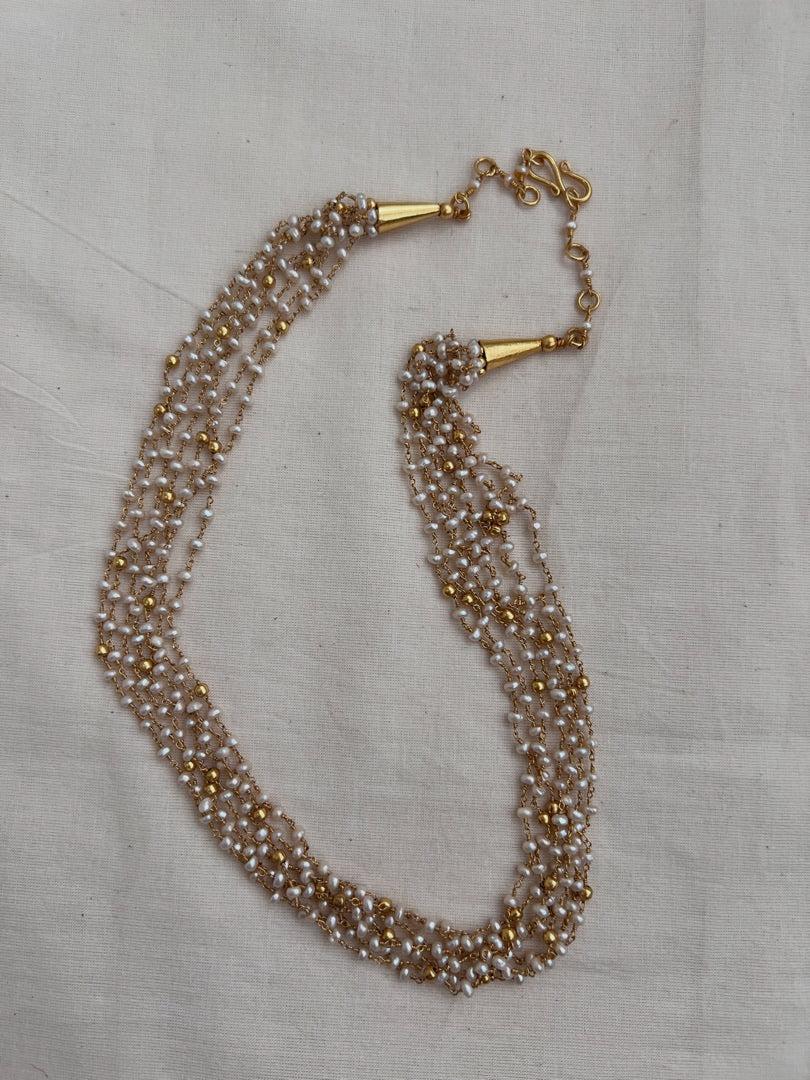 Gold polish Multi layer pearl bunch chain-Silver Neckpiece-CI-House of Taamara