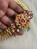 Gold polish Navrathana & kundan work fusion necklace set-Silver Neckpiece-CI-House of Taamara