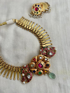 Gold polish Navrathana & kundan work fusion necklace set-Silver Neckpiece-CI-House of Taamara