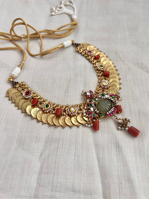 Gold polish antique style kasumala with stones and beads pendant-Silver Neckpiece-CI-House of Taamara