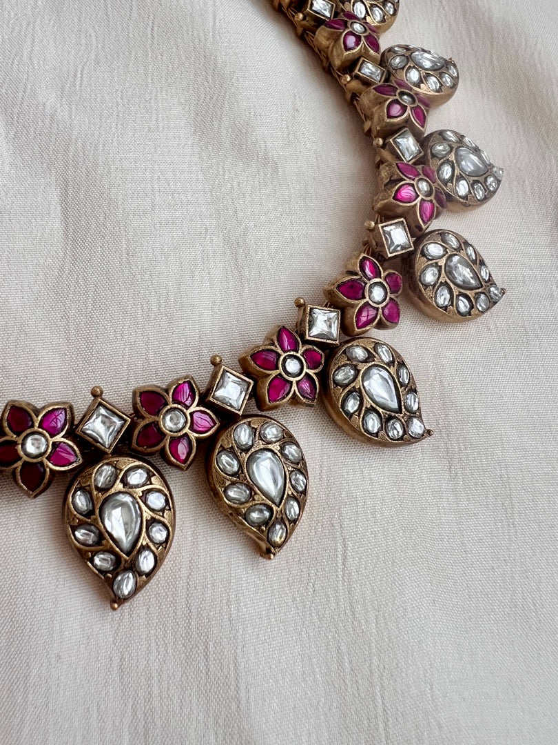 Gold polish antique style kundan and ruby paisley necklace-Silver Neckpiece-CI-House of Taamara