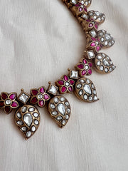 Gold polish antique style kundan and ruby paisley necklace-Silver Neckpiece-CI-House of Taamara