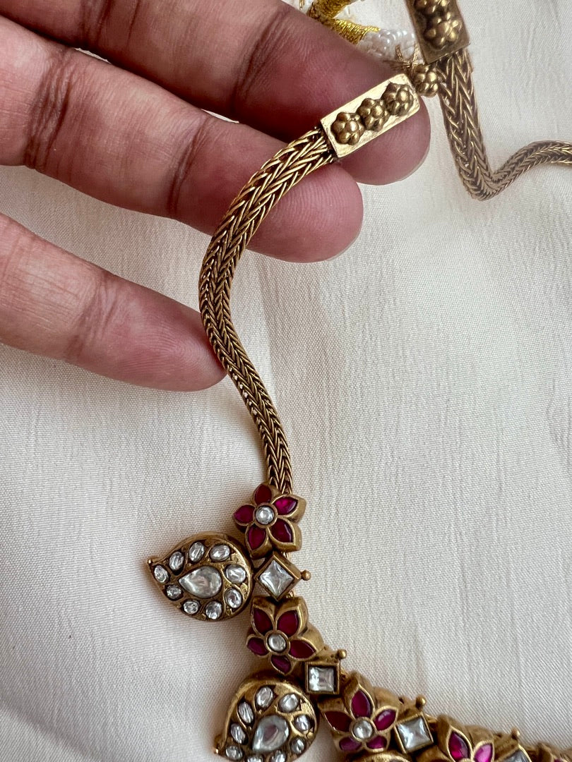 Gold polish antique style kundan and ruby paisley necklace-Silver Neckpiece-CI-House of Taamara