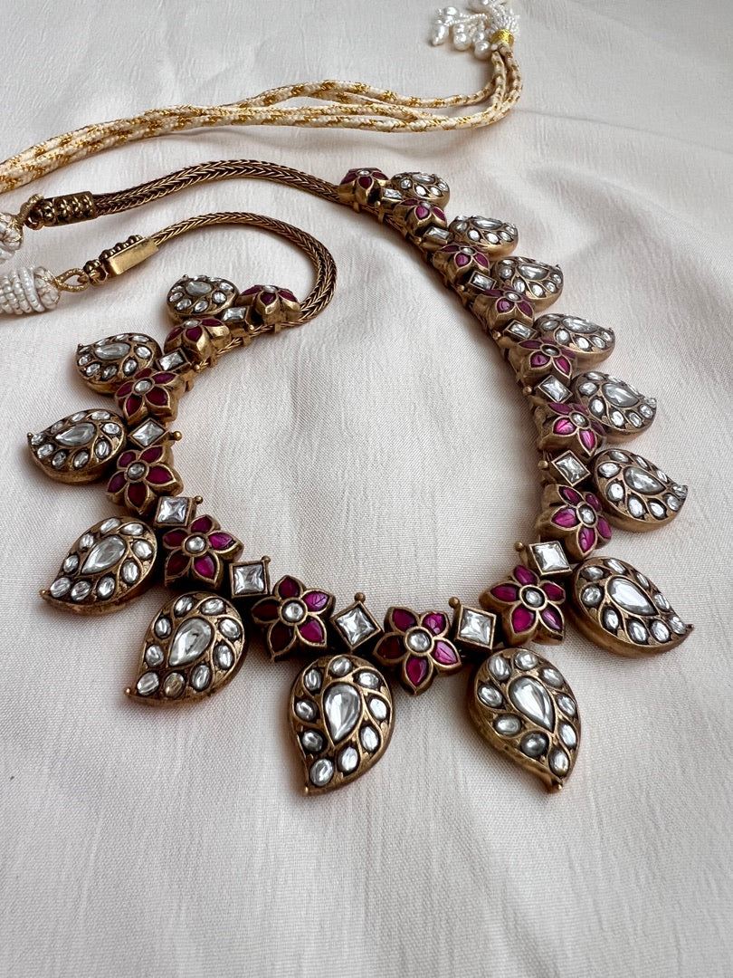 Gold polish antique style kundan and ruby paisley necklace-Silver Neckpiece-CI-House of Taamara