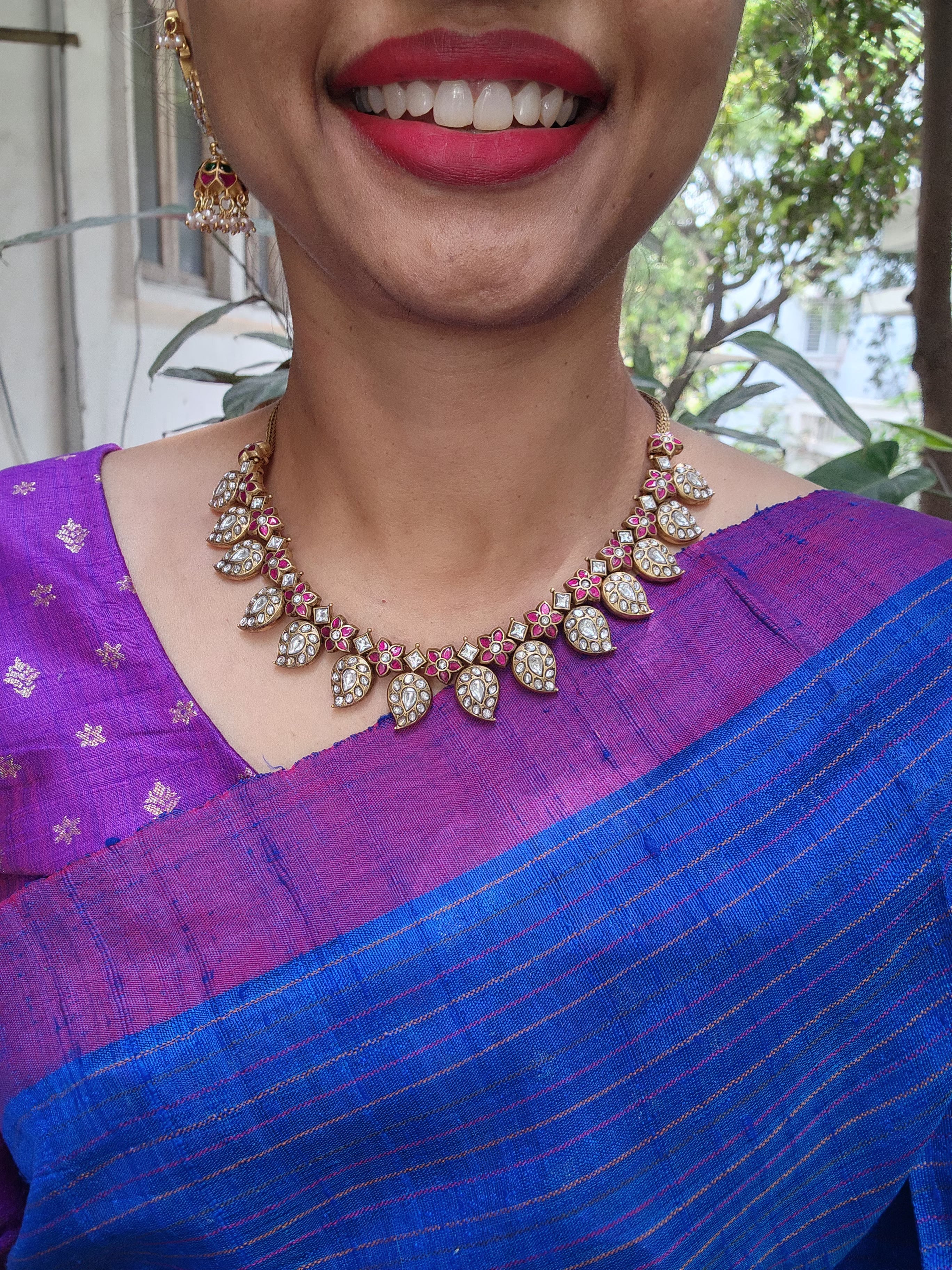 Gold polish antique style kundan and ruby paisley necklace-Silver Neckpiece-CI-House of Taamara