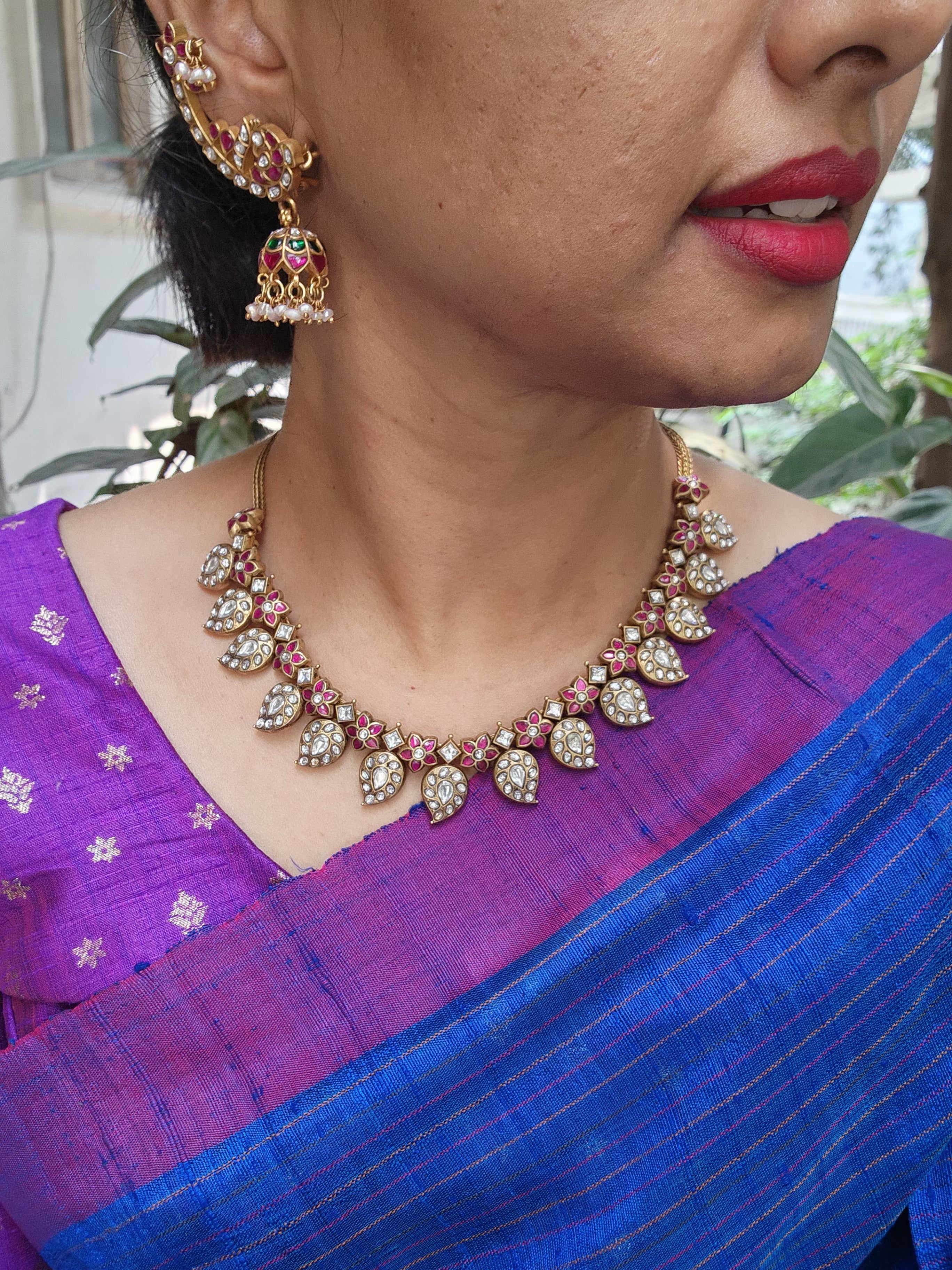 Gold polish antique style kundan and ruby paisley necklace-Silver Neckpiece-CI-House of Taamara