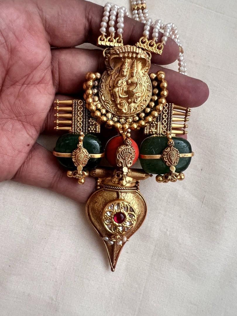 Gold polish antique style long necklace with coral & green jade natural stones-Silver Neckpiece-CI-House of Taamara
