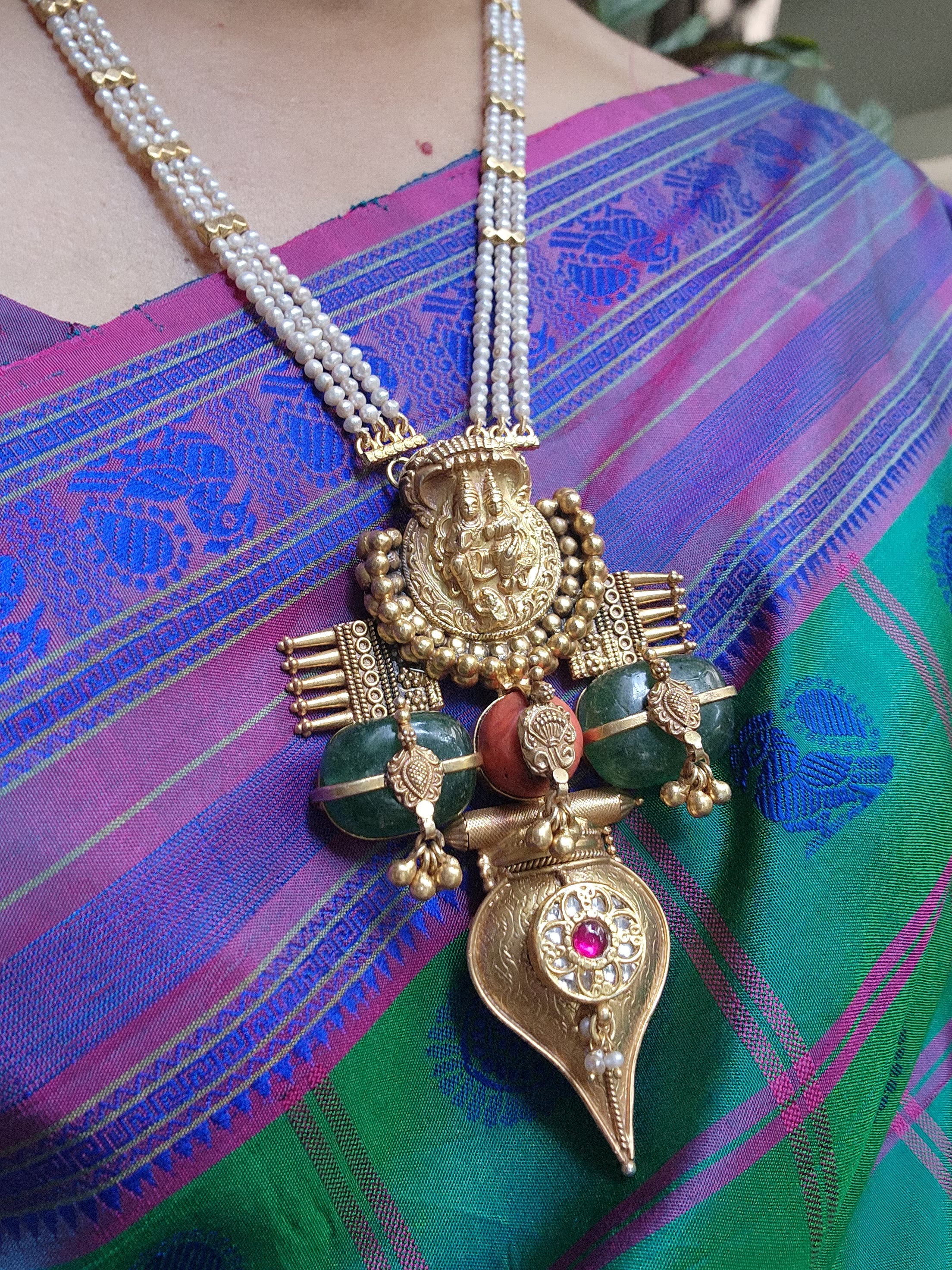 Gold polish antique style long necklace with coral & green jade natural stones-Silver Neckpiece-CI-House of Taamara